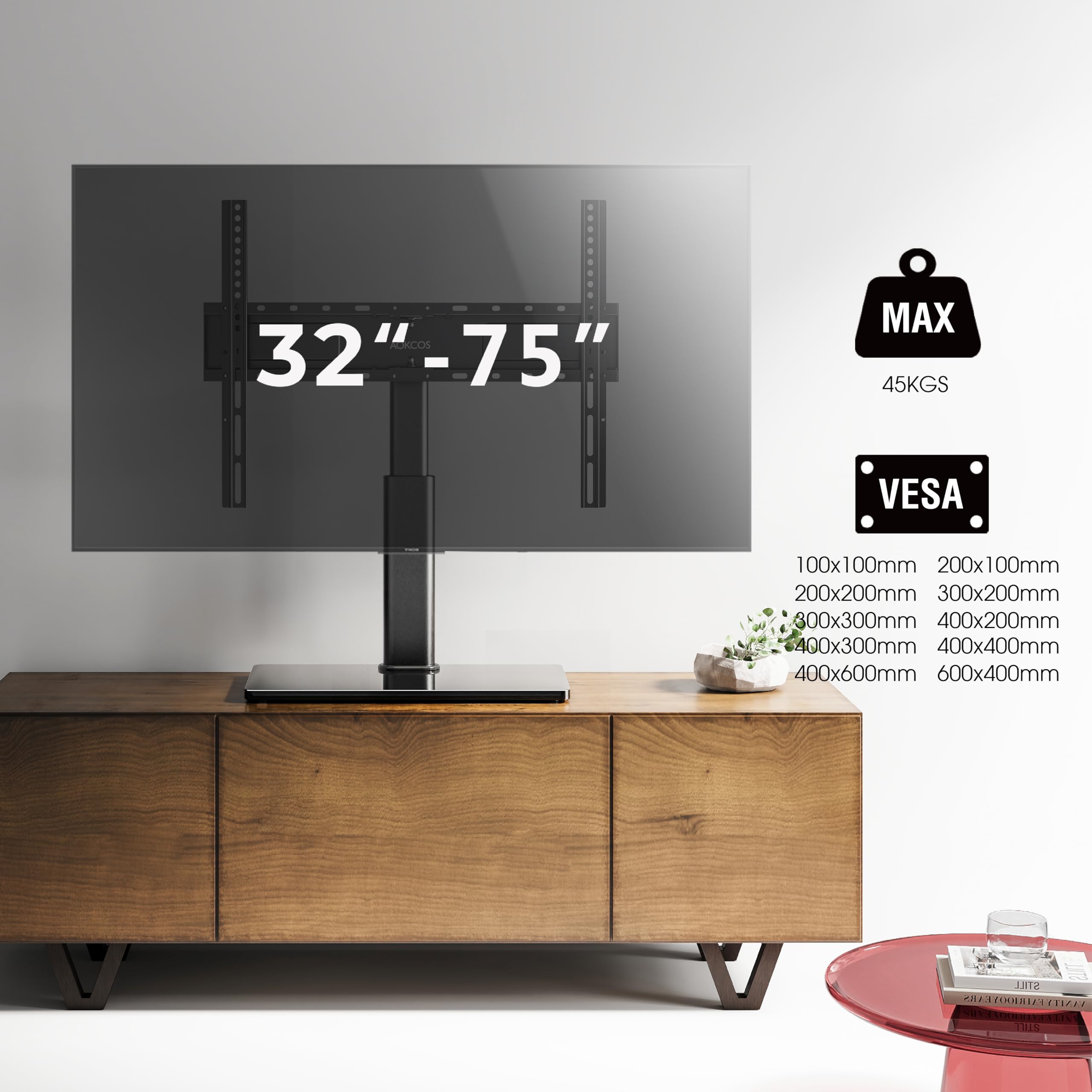 AOKCOS Supporto TV da Tavolo Inclinabile per 32-55 65 70 75 Pollici, Girevole Altezza Regolabile Piedistallo TV con Base, Mobile Porta TV Max VESA 600x400mm 45KG