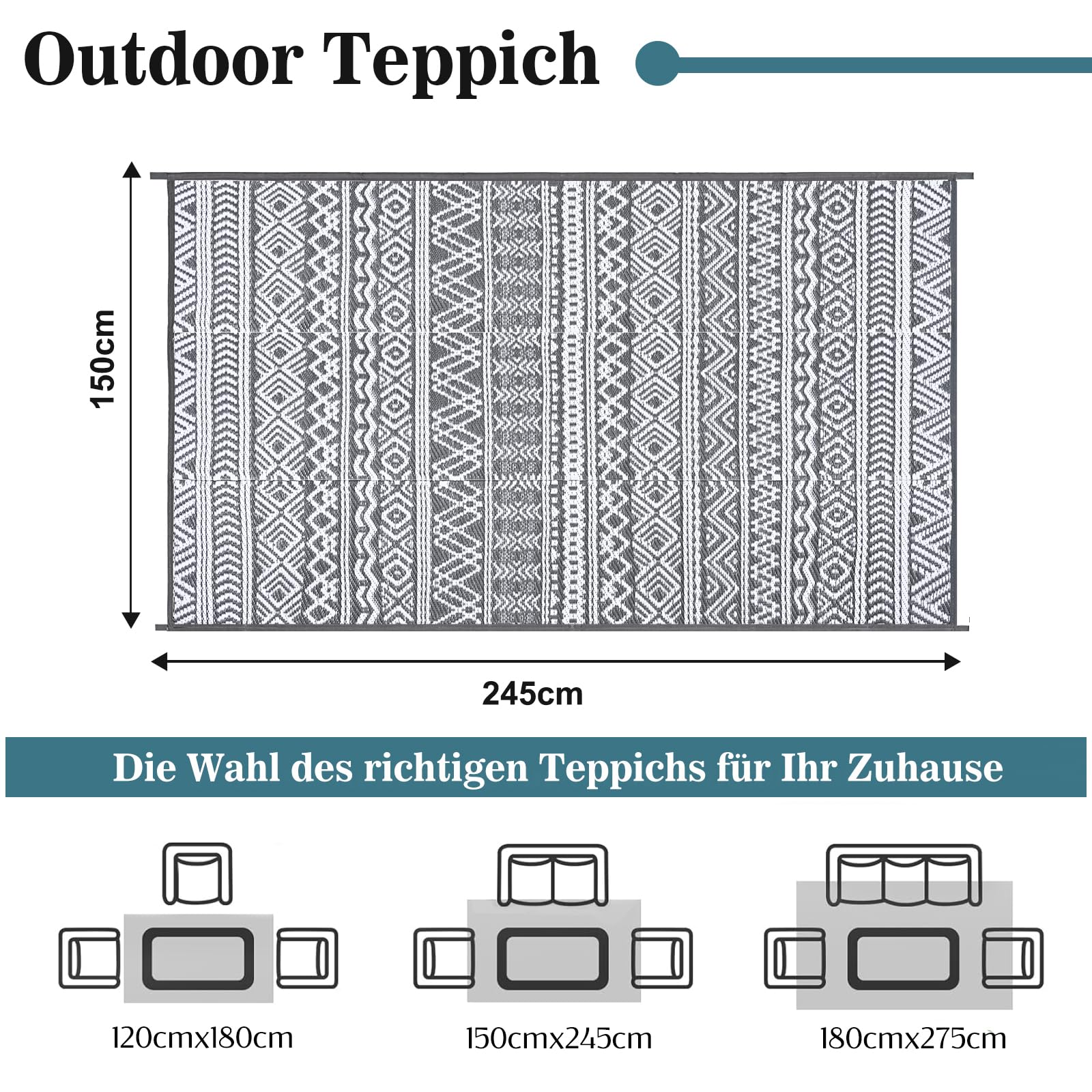 Tappeto esterno Alishomtll, 150 x 245 cm, polipropilene, resistente intemperie, UV, reversibile