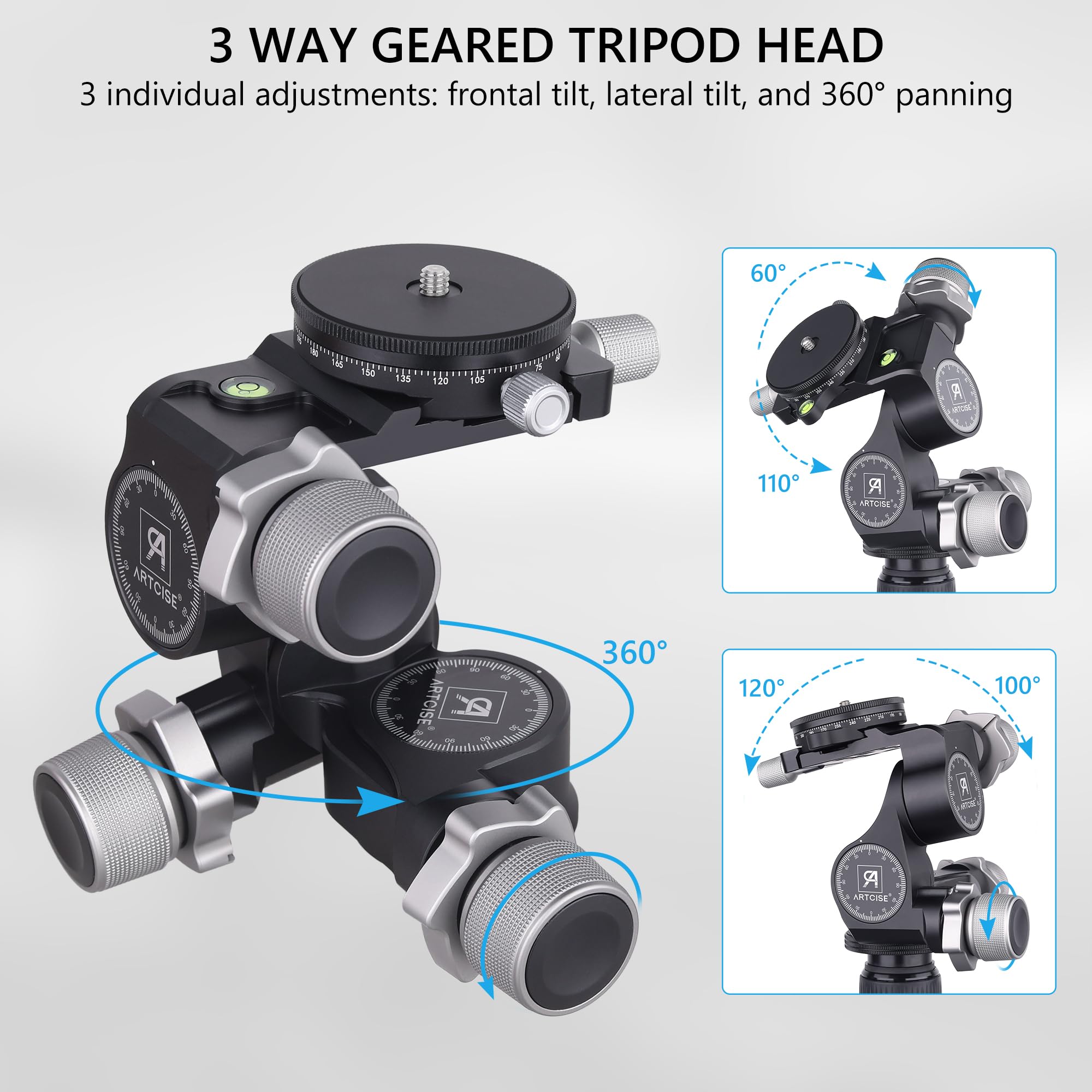 Testa per treppiede a 3 vie, testa per treppiede a ingranaggi ARTCISE con piastra QR tipo Arca e piastra QR panoramica a 360° tipo Arca, microregolazione millimetrica, carico massimo 6 kg