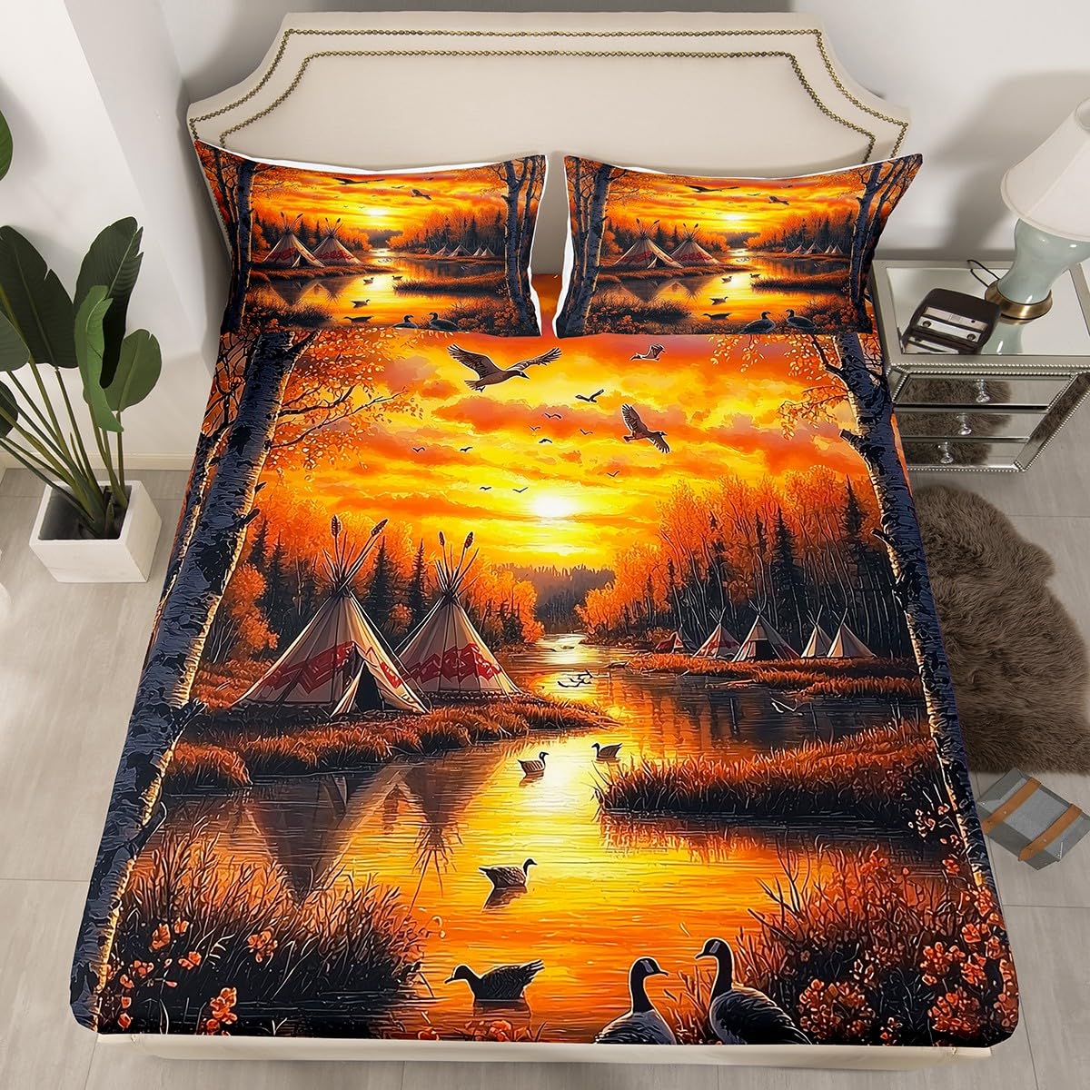 Homewish Mallard Duck - Juego de sábanas para cama de matrimonio para niños y hombres, juego de ropa de cama de pato salvaje, sábanas bajeras planas rústicas rústicas, 4 piezas