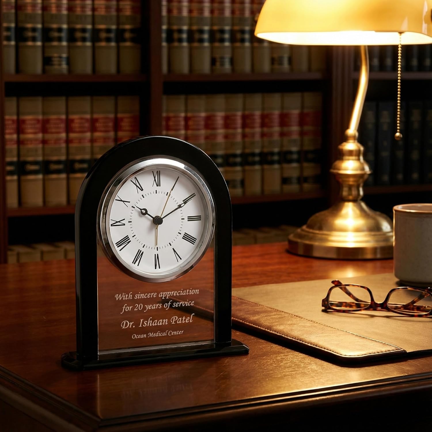 Personalized 6 1/4" Black and Clear Glass Arch Clock, Custom Engraved Battery Operated Desk Clock for Employee Appreciation, Recognition, Retirement Award