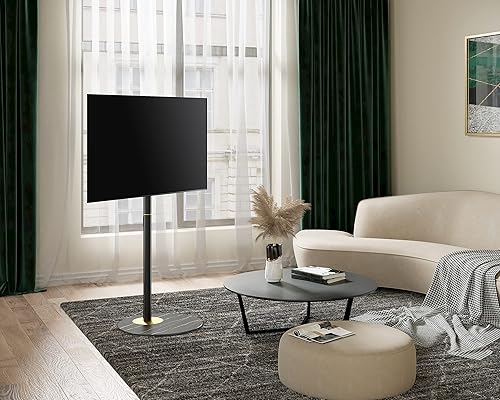 Miniatura 2 de FITUEYES Soporte de TV esquinero de diseño para 32 a 65 pulgadas, moderno soporte de TV negro de mediados de siglo con base de vidrio texturizado de