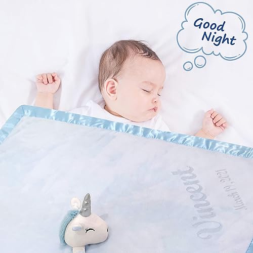 Miniatura 4 de Manta de bebé personalizada con ribete satinado personalizado de unicornio de forro polar, regalo infantil, 39 x 39 pulgadas (morado)