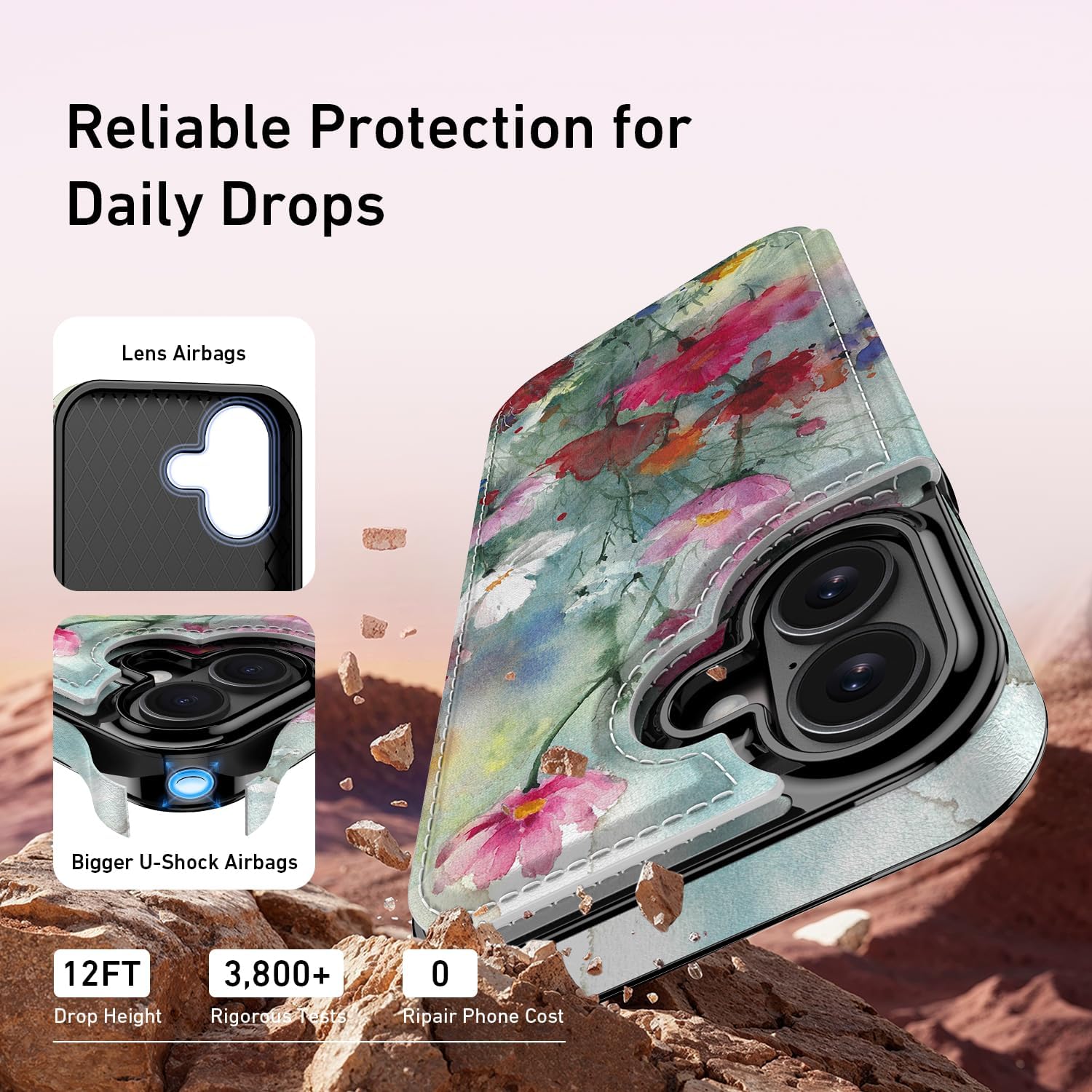 FUNMIKO for iPhone 17 Wallet Case with Card Holder, RFID-Blocking, Military-Grade Drop Protection & Floral Animal Design, Magnetic Closure with Leather Kickstand - Dreamy Flowers - Image 5