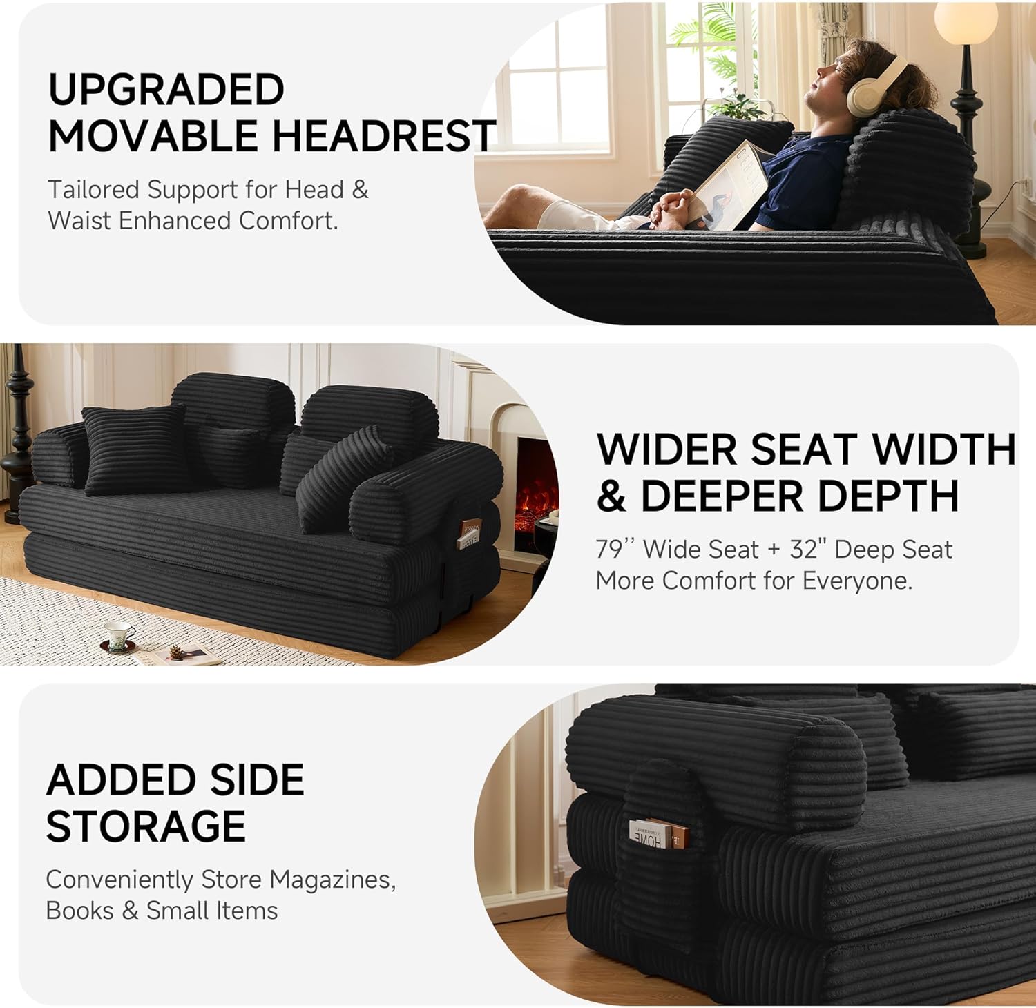 79" Sofa Bed, Deep Seat 32" Sleeper Sofa, 5-in-1 Convertible Sofa Bed, Boneless Couch in a Box, Corduroy Floor Futon with Thickened backrest and Headrest Pillows, Side Pockets, Black