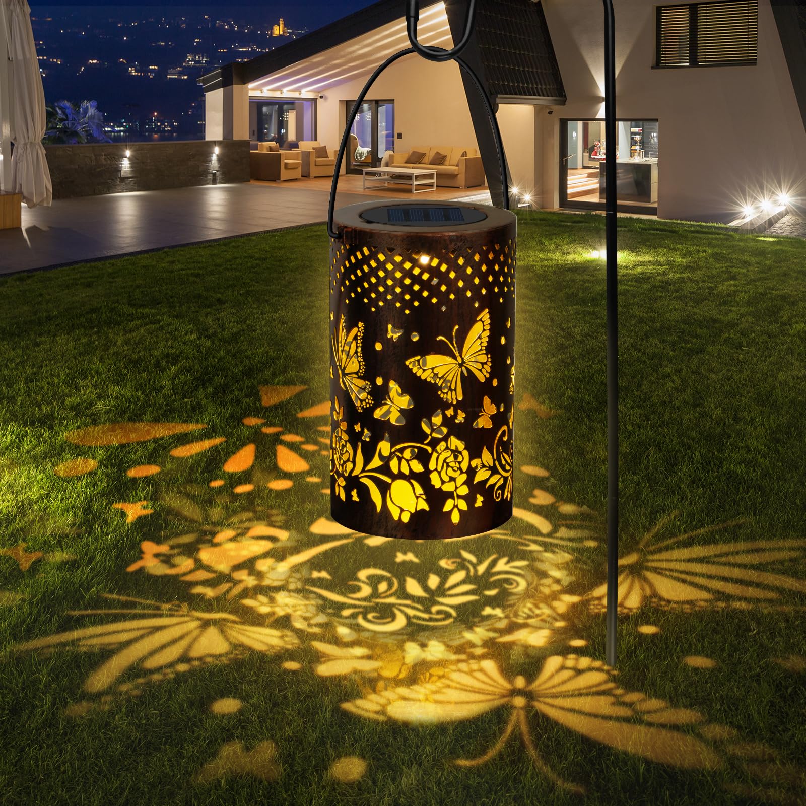 Qoosea Lanterne Solari da Esterno Farfalla Decorative LED Luci da Giardino in Metallo con Ganci IP65 Impermeabile Lanterna Solare Lampade Solari da Giardino Decorazioni