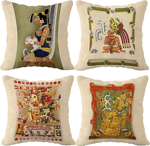 (RB) - Juego de 4 fundas de almohada de 18 x 18 pulgadas, decoración de estilo maya, regalo de amante maya, decoración de estilo azteca maya,