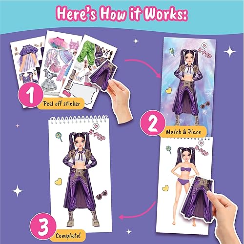 Miniatura 4 de Sticker Dress up K-Pop - Libro de actividades con calcomanías para niños. Aprende diseño de moda para niñas con pegatinas y guías para niños de 5