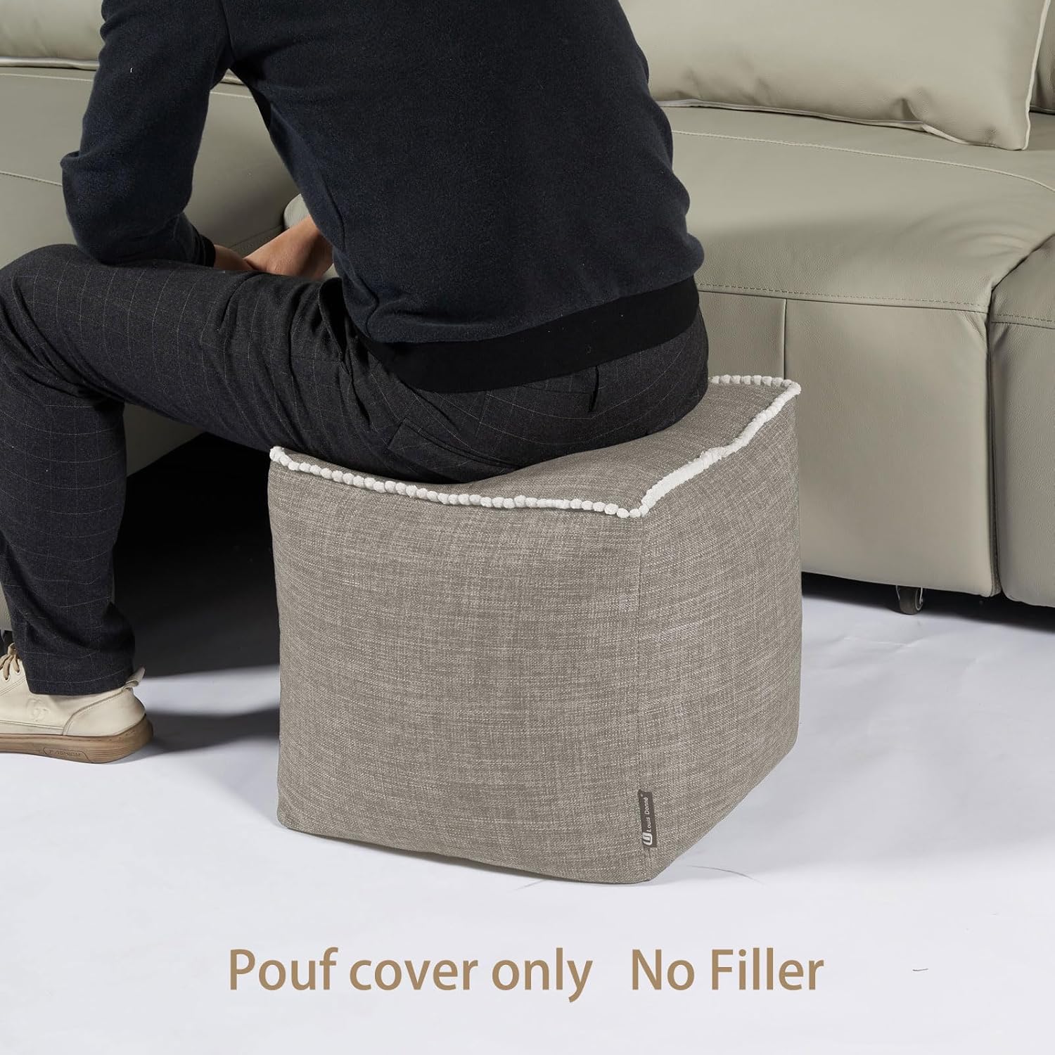 Louis Donné Unstuffed Storage Pouf Ottoman Cover 45x45 Cotton Linen DIY Decorative Footrest for Living Room Bedroom Home Office Replacement (Only Cover)