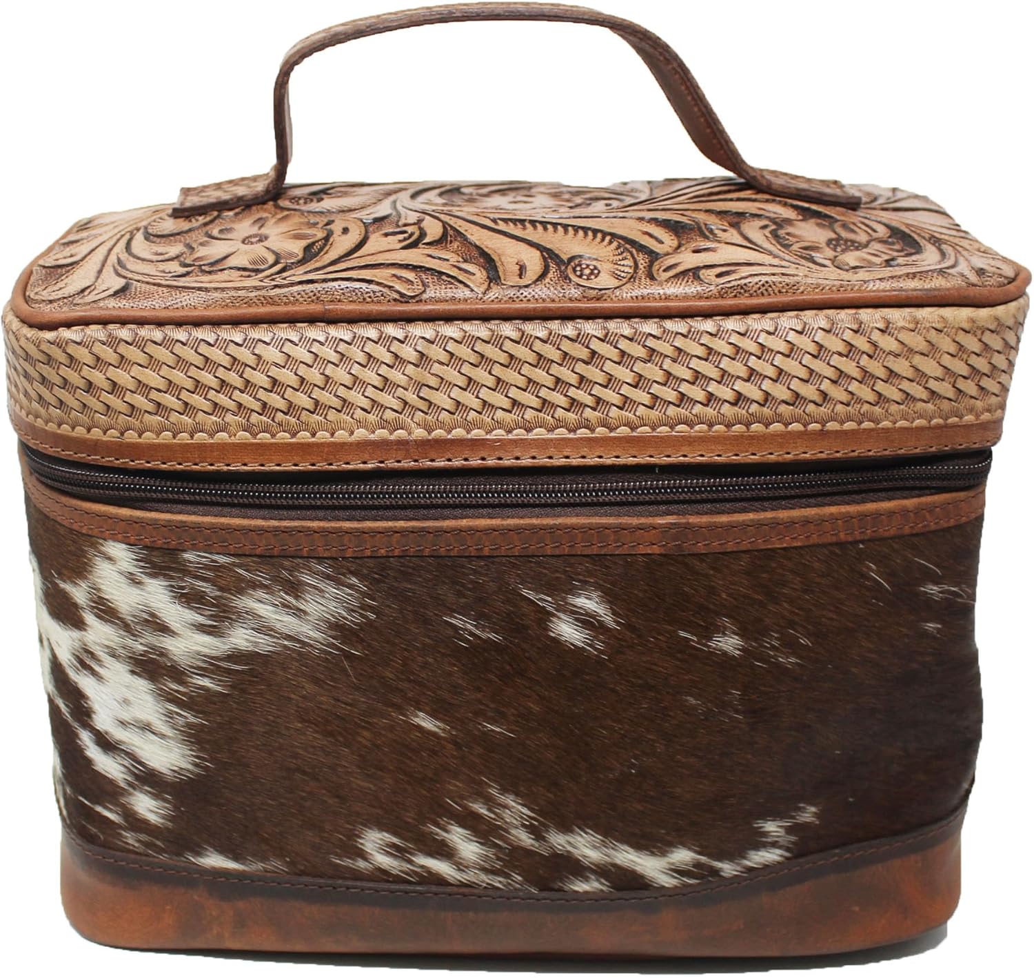 CHALLENGER Western Antique Floral Tooled Leather Hairon Cosmetic Dopp Kit Toiletry Train Bag 18SKT15