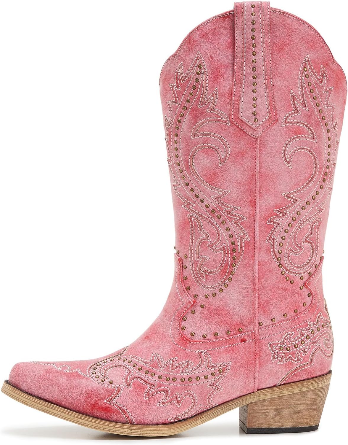 ZXHYZLZ Women’s Pink Embroidered Cowgirl Boots – Western Knee High Cowboy Boots with Classic Stitching, Pull On Design and Low Block Heel