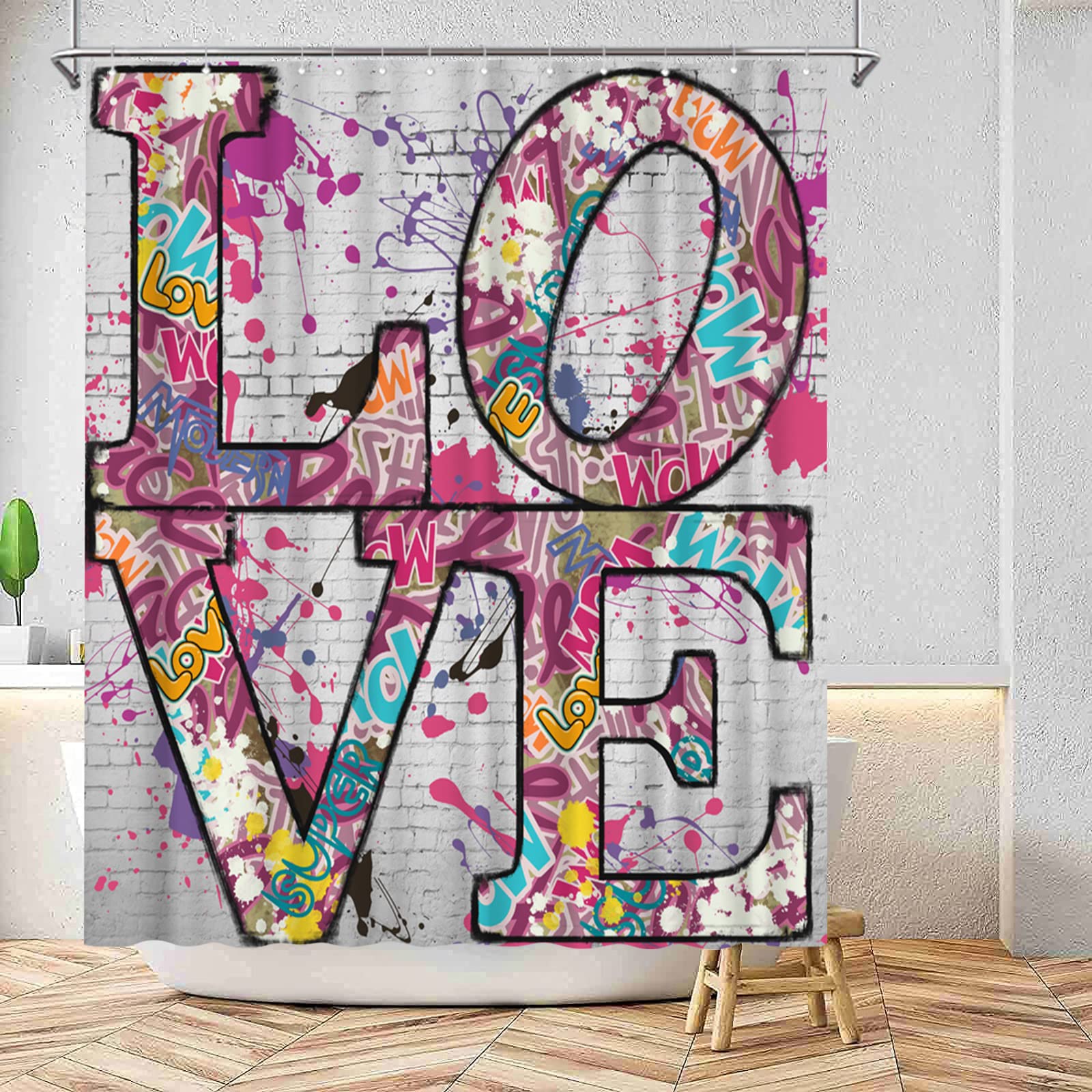 Conipit Love Shower Curtain Romantic Bathroom Curtain Colorful Graffiti Bathroom Decor Waterproof 72x72 Inch Hooks Include