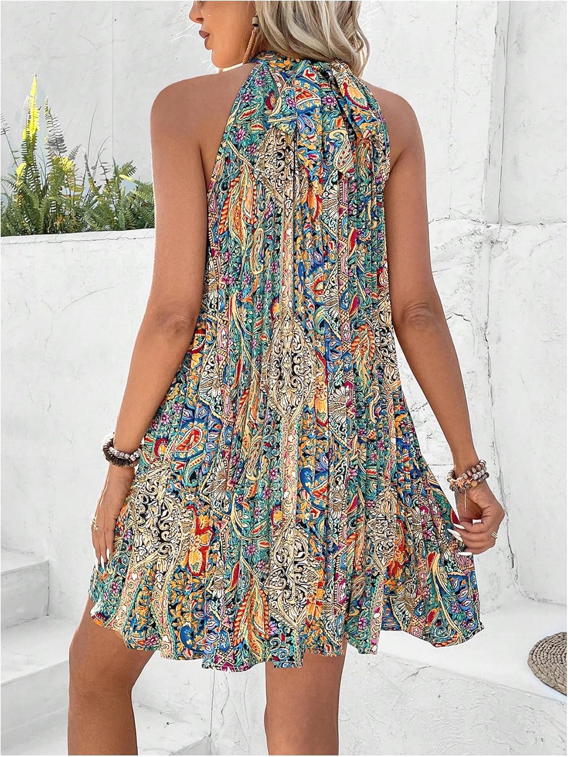 Floerns Women's Paisley Print Pleated Halter Dress Sleeveless A Line Short Dresses - Image 3