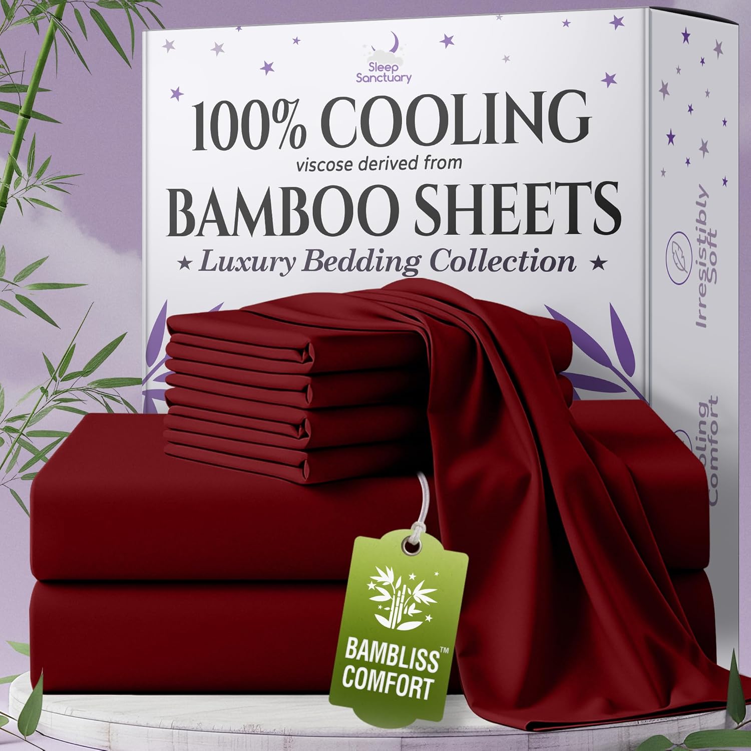 SLEEP SANCTUARY 100% Viscose Derived from Bamboo Sheets King Size 6pcs – BamBliss Luxury Cooling Sheets for Hot Sleepers - Cloud Soft, 17" Deep Pocket, Ultra Durable Bed Set (Burgundy)