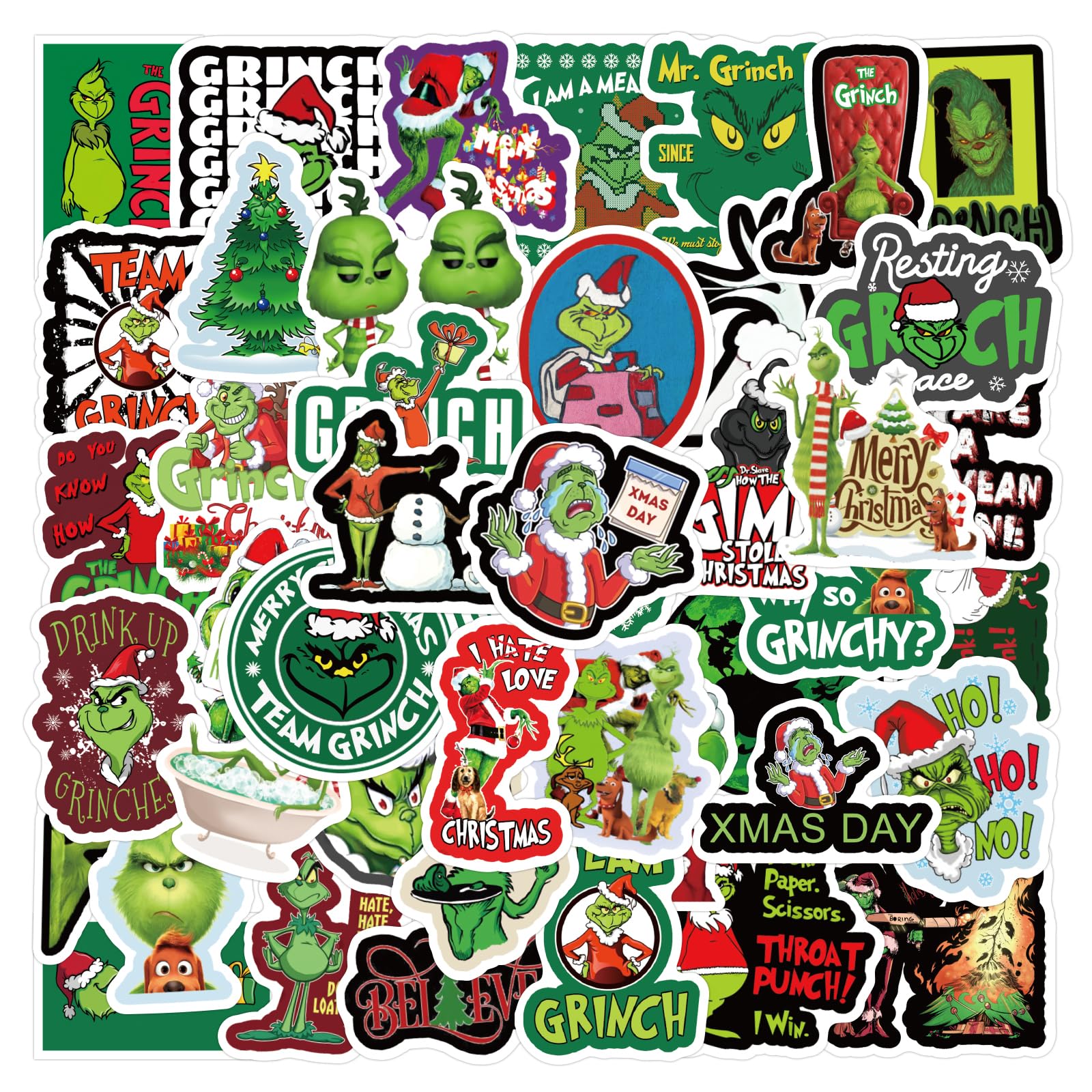 PHJRT Christmas Stickers 50PCS, Christmas Ornament Stickers Water Bottle Decals Vinyl Christmas Decoration Waterproof Stickers for Laptop Cup Skateboard Phone Scrapbook Bike Suitcase Guitar