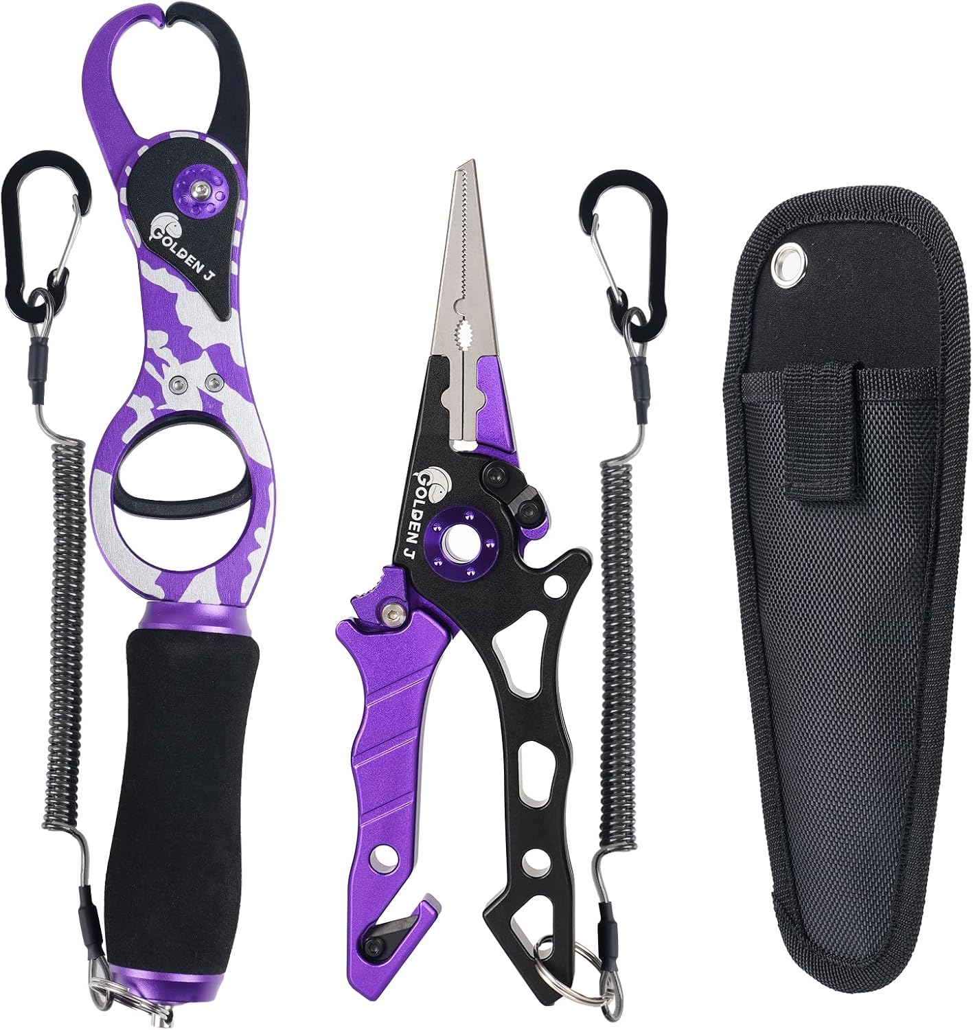 Golden J Fish Lip Gripper & Multi-Function Fishing Pliers Set - High-Strength Aluminum & Stainless Steel, Hook Remover, Split Ring Pliers, Line Cutter, Ideal for Ice, Surf, Lure Fishing