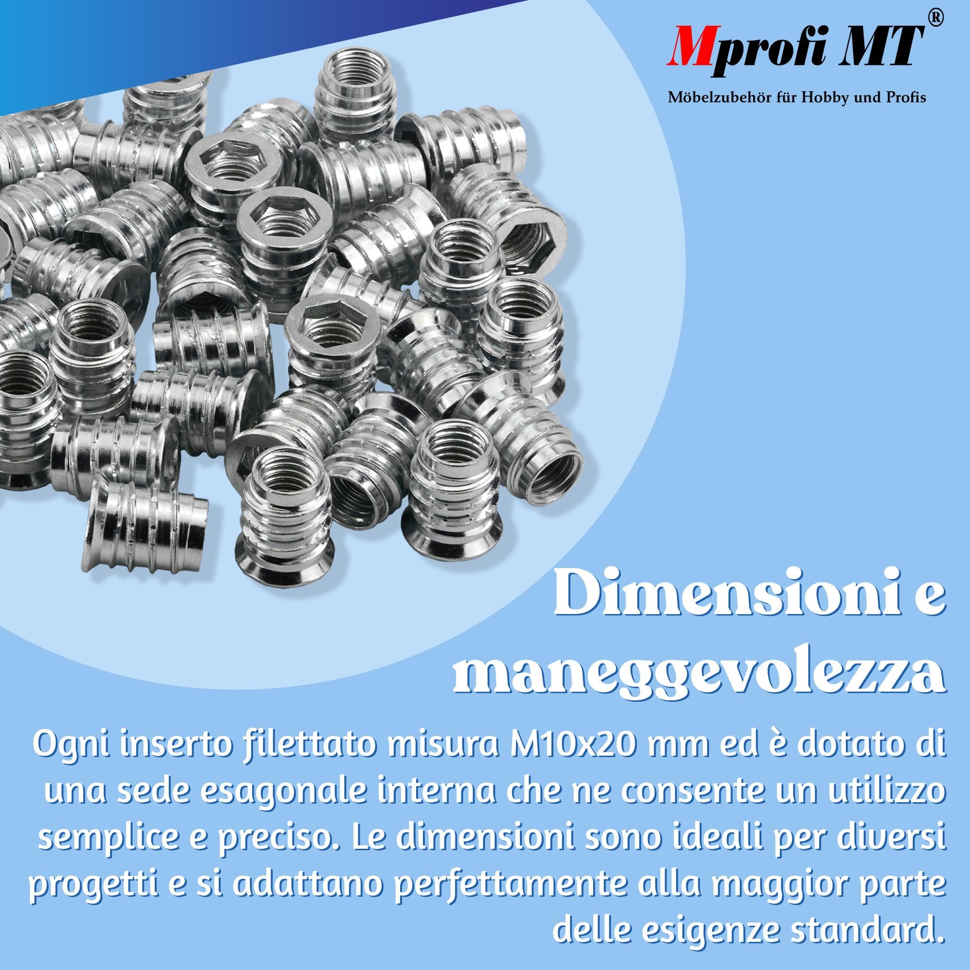 Mprofi MT® 10 Pezzi | Dado Esagonale Inserti M10 x 20mm | Inserti Filettati | Manicotti Filettati | Inserto in Legno per Dadi | per Mobili in Legno | Dado a Vite con Chiave Esagonale