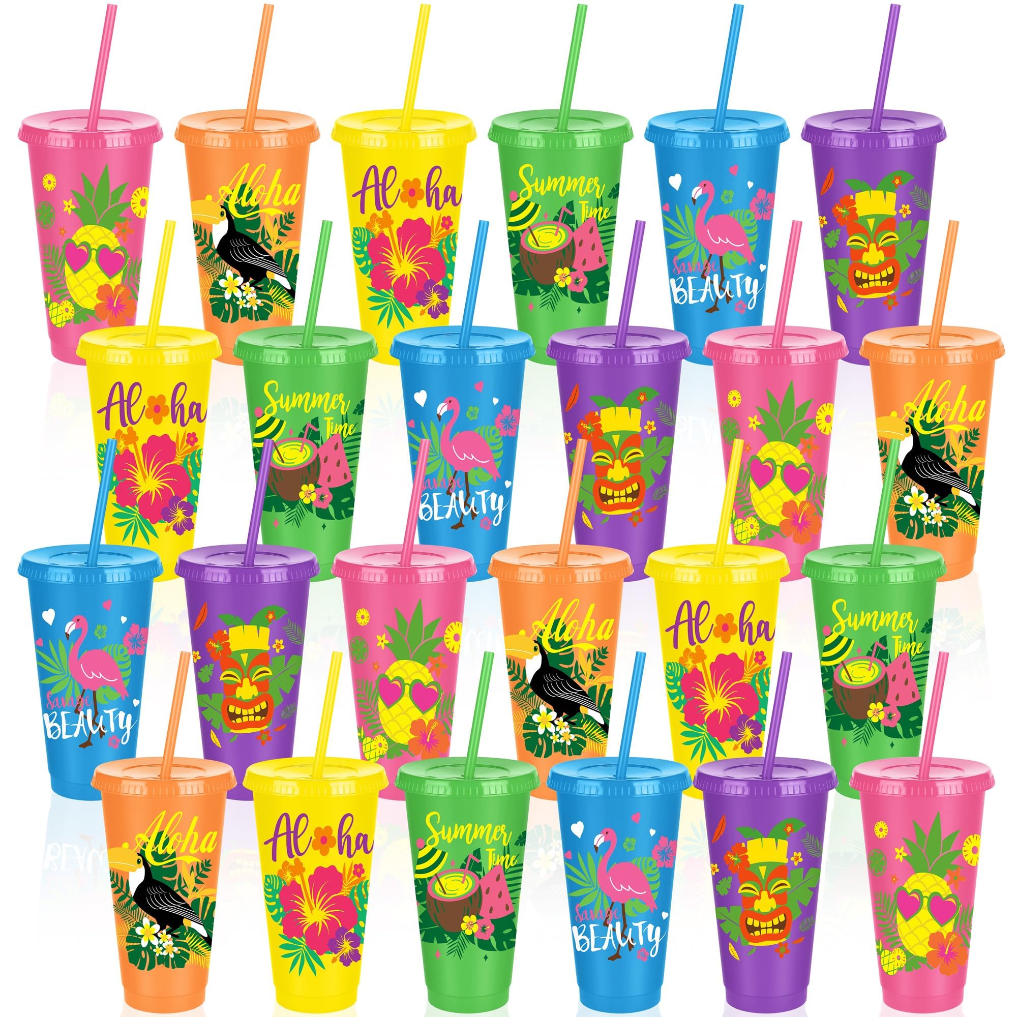 Kochorie 24 Pieces Hawaiian Plastic Cups with Lids and Straws 24 oz Reusable Party Cups Tumblers Bulk Iced Coffee Drinking Cups Water Bottle Travel