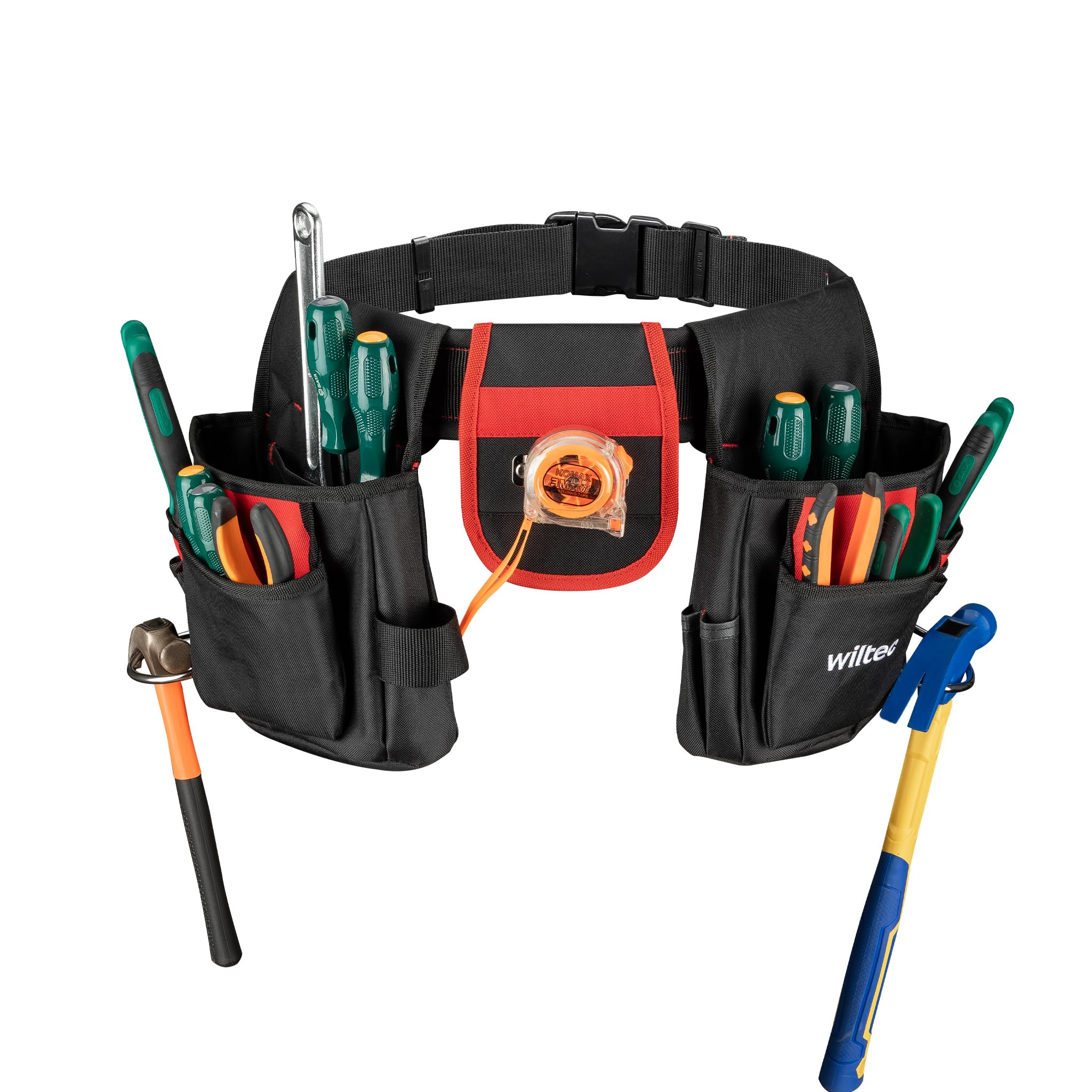 Wiltec Red, Black Tool Belt With 17 Pockets, Organiser For Tools, Accessories And Small Parts, 25 Kg Capacity, Ideal For Carpenters, Electricians And Diy Enthusiasts, Easy Storage, Practical Polyester Pouches