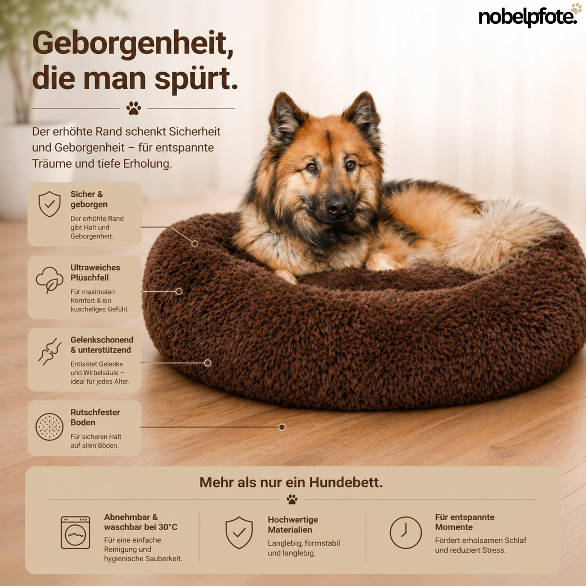 Hundebett Wolke 7 - Kuscheliges Hundekissen, waschbarer Bezug, gelenkschonend für kleine, mittelgroße & große Hunde, Beige, M - 70cm