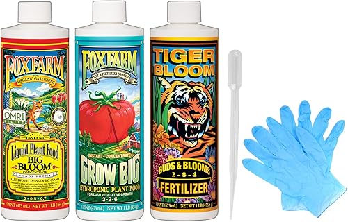 Fox Farm Liquid Nutrient Trio Hydro Formula Big Bloom, Grow Big Hydro, Tiger Bloom (paquete de botellas de 3 a 16 onzas) 1 pinta cada uno + guantes