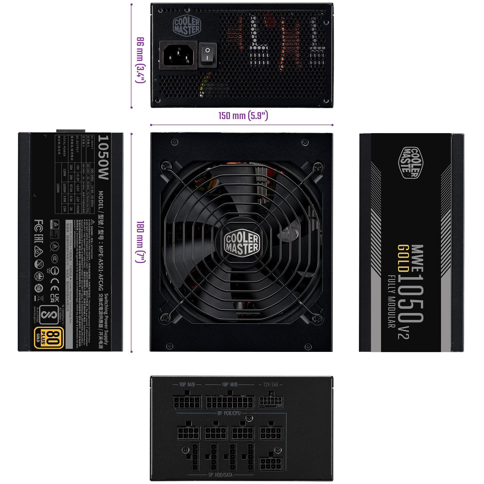 Cooler Master MWE Gold 1050 V2 ATX 3.1 Alimentation 100% Modulaire - Prise EU - Support ATX 3.1, PSU 80 Plus Gold 1050W, PCIe 5.1, Ventilateur FDB 140mm, Seuil de température élevé, Garantie 10 Ans