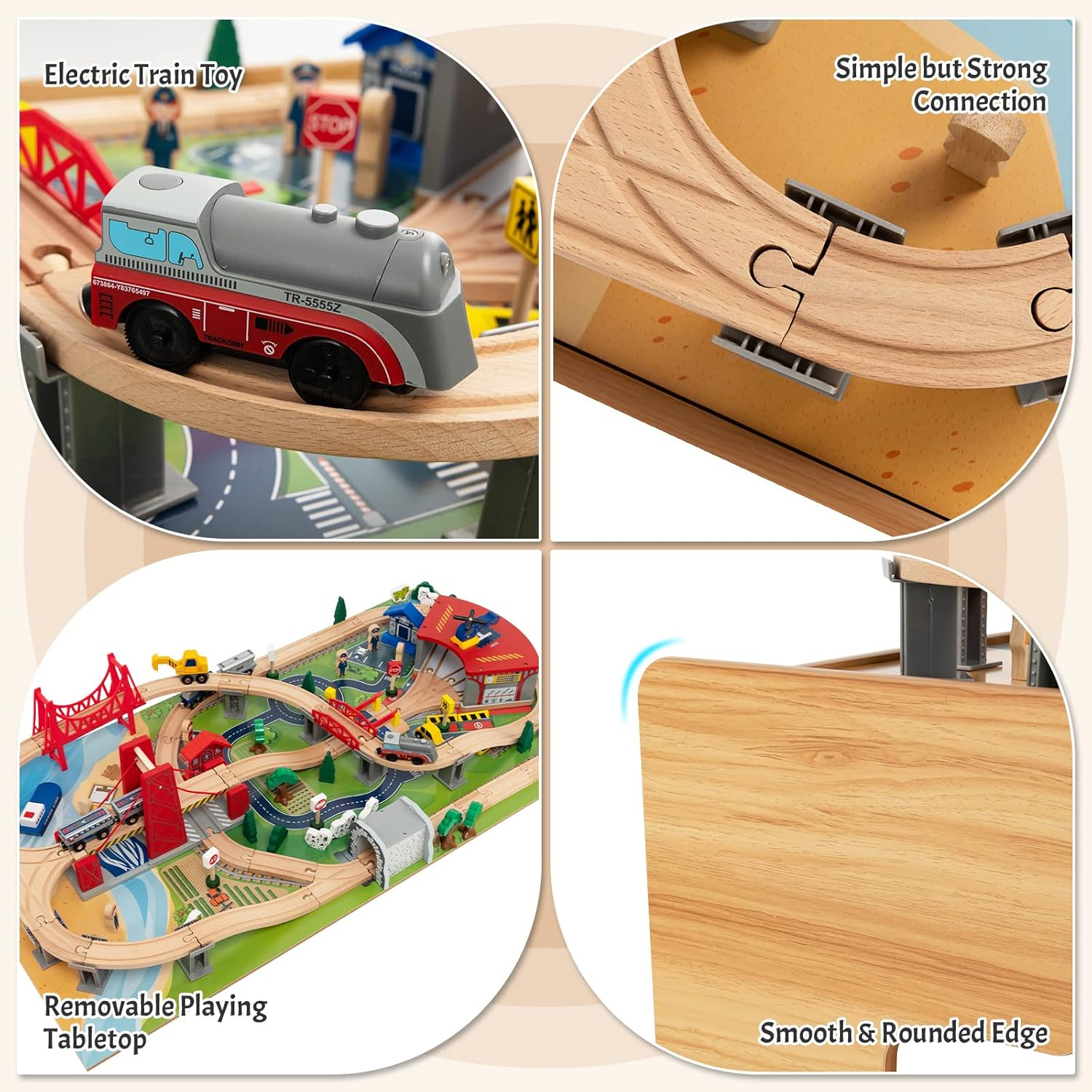 KOTEK Train Table with 100 Pieces, Wooden Kids Activity Table with Storage Drawer, Railway, Track, Cars, Town Scenery, Reversible Tabletop, Toddler Train Table Set, Gift for Boys Girls