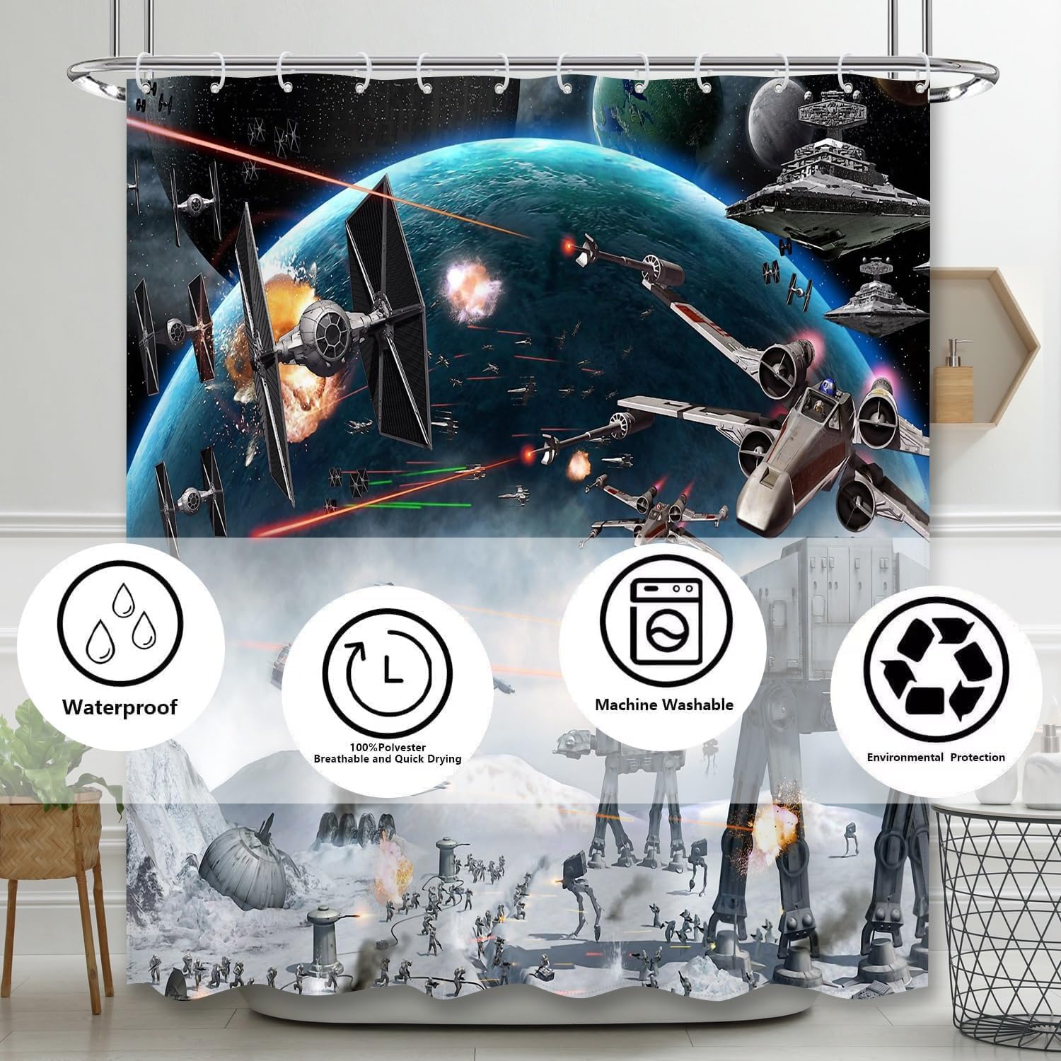Outer Space Galaxy Wars Star Themed Shower Curtain,Universe Stars Science Space Station Polyester Fabric Bathroom Home Decor with 12 Hooks(Color1,72 W x 72" L)