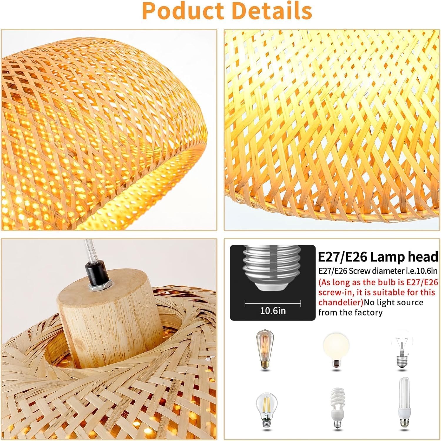 Daoseolo 18inch Bamboo Rattan Pendant Lights, Hand-Woven Wicker Boho Hanging Cei - product photo
