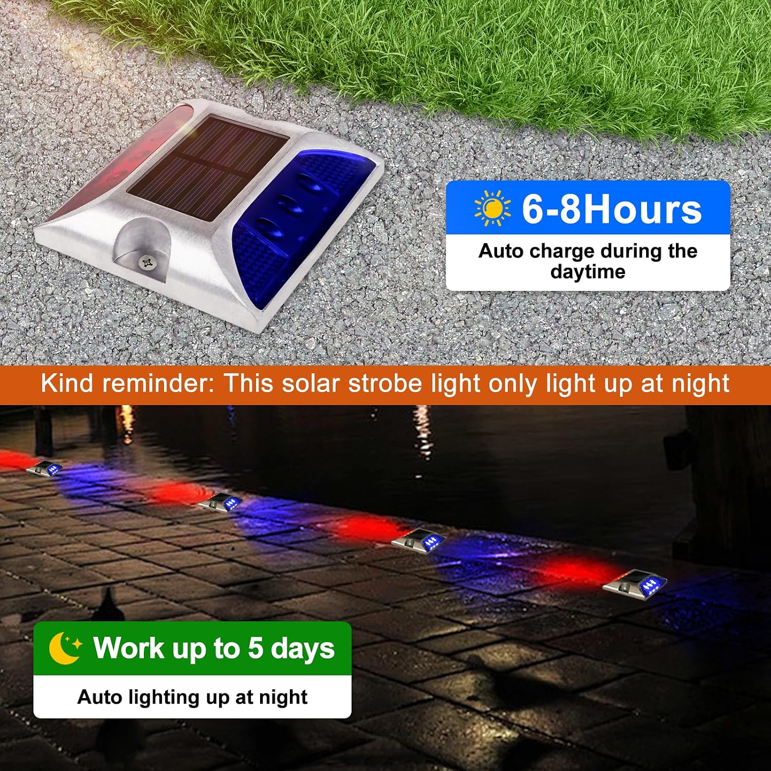 Aolyty Solar Driveway Lights Outdoor, Bright Solar Dock Lights, LED Warning Light Reflective Road Marker Steady Light IP65 Waterproof for Deck Sidewalk Stair Step Pathway (Red & Blue, 4 Pack)
