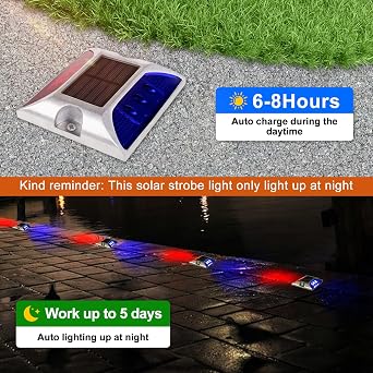 Aolyty Solar Driveway Lights Outdoor, Bright Solar Dock Lights, LED Warning Light Reflective Road Marker Steady Light IP65 Waterproof for Deck Sidewalk Stair Step Pathway (Red & Blue, 2 Pack)