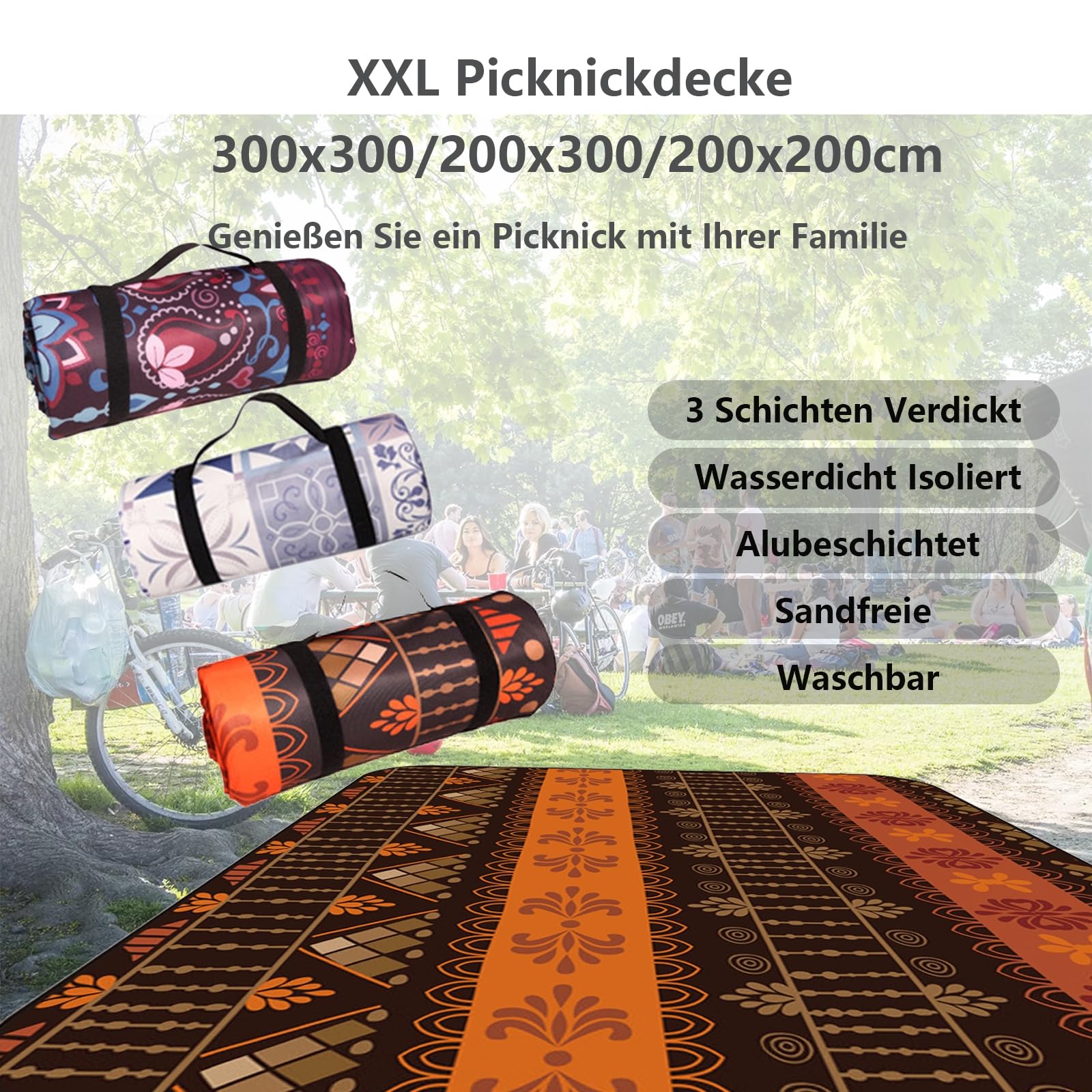 Wodoodporny koc piknikowy, bardzo duży koc piknikowy, 300 x 300 / 200 x 200 x 300, składany, duży koc piknikowy, gruby, można prać w pralce, podróżny koc piknikowy na zewnątrz, rodzinne lato, F, 200 x 300 cm