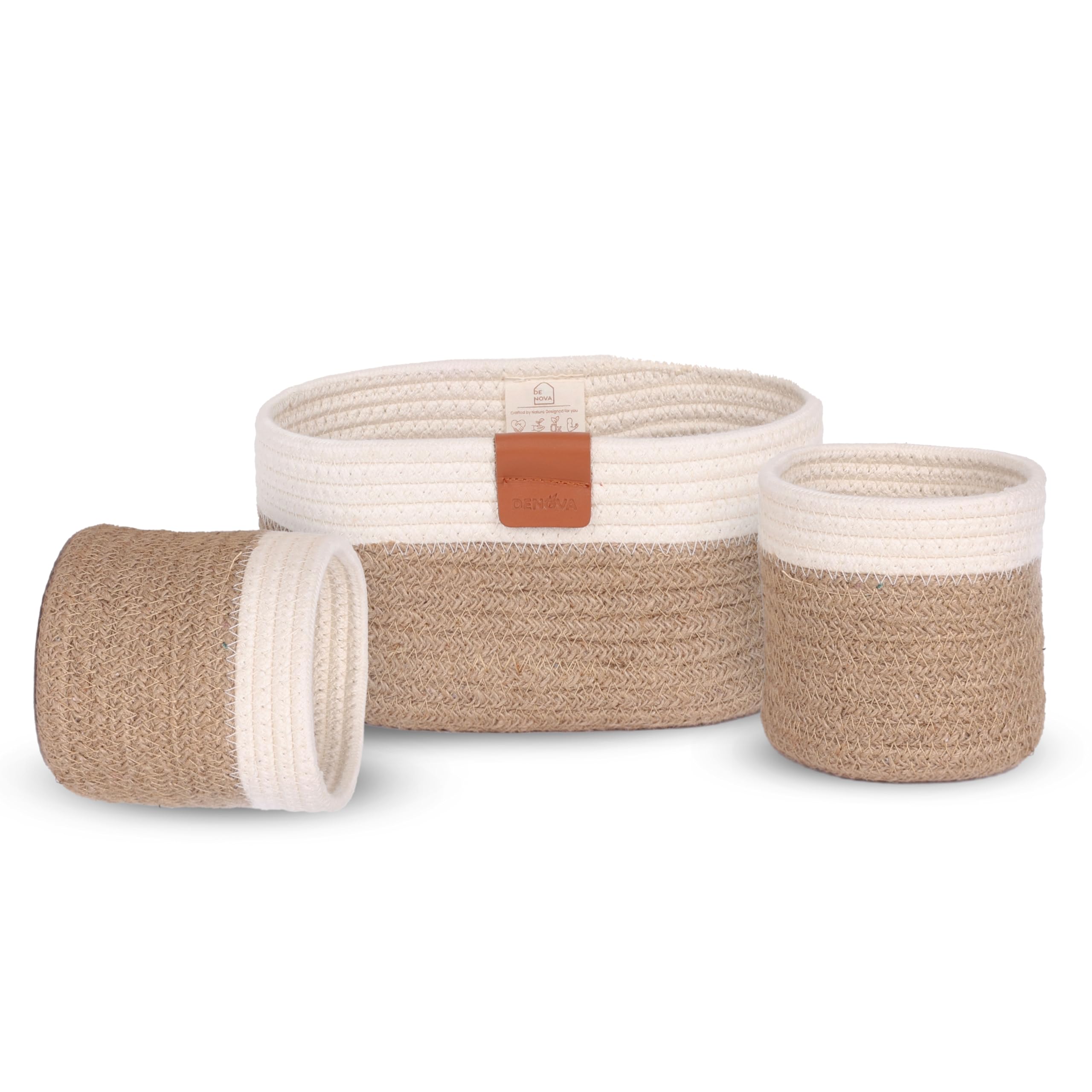 DENOVA Cotton Round Organizer, Home & Kitchen Jute/Mini Rope Handwoven Eco-friendly Wicker Multipurpose Storage Shelf Basket for Hamper Gift Toy Books Stationar (Pack of 3, White & Natural)