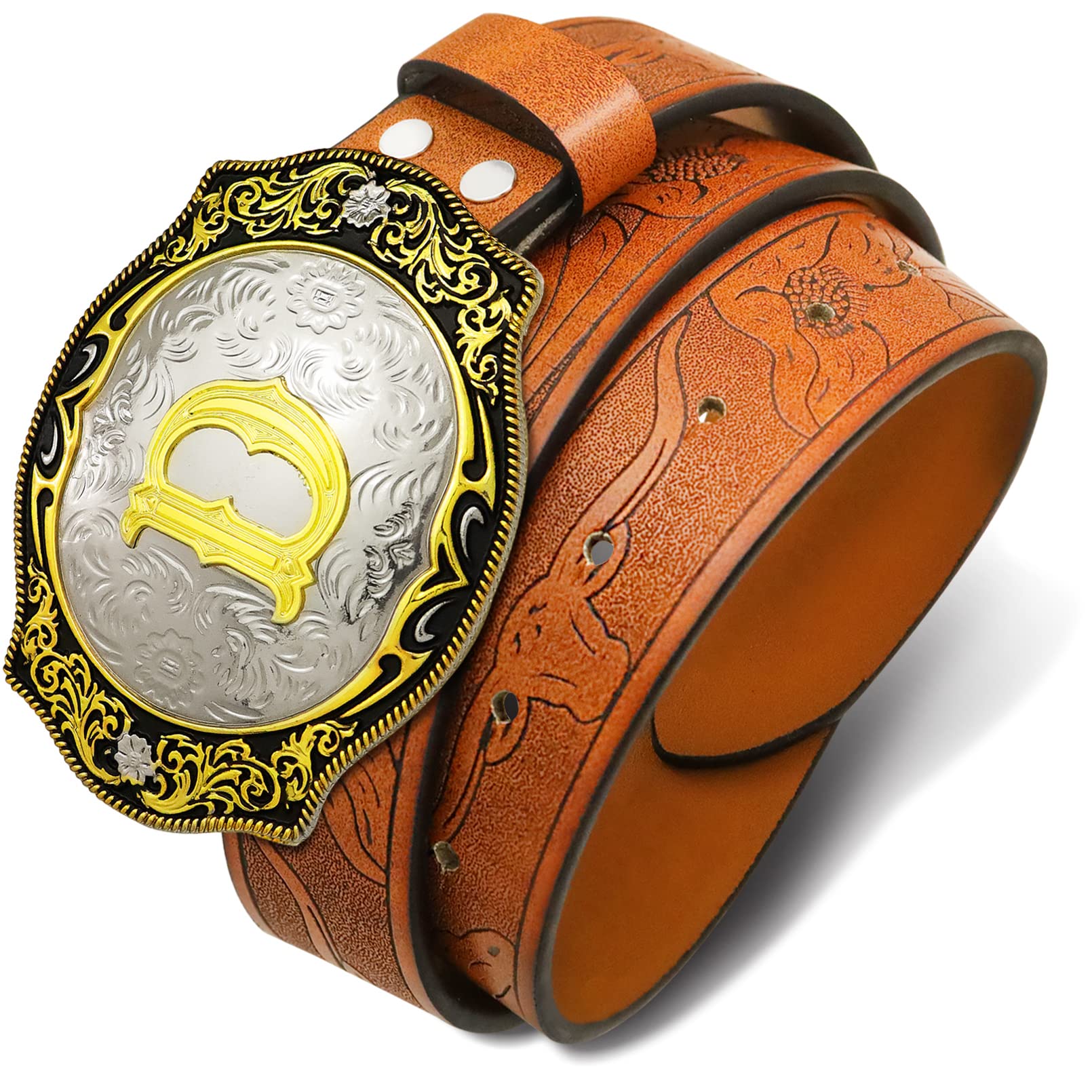 RechicGu Western Belts for Men Women, Initial Letter Big Buckle with Brown Leather Longhorn Bull Engraved Cowboy Belt