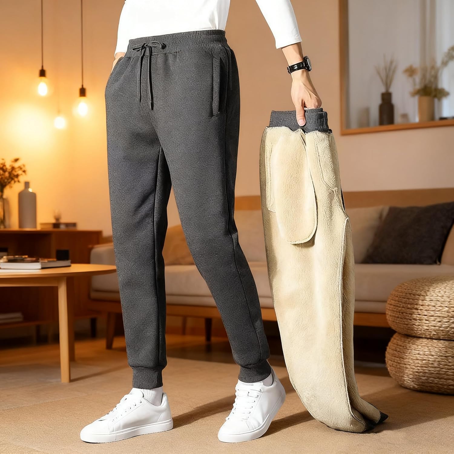 Men's Fleece Sherpa Lined Sweatpants Big and Tall Winter Warm Pants Athletic Running Jogger with Pockets - Image 2