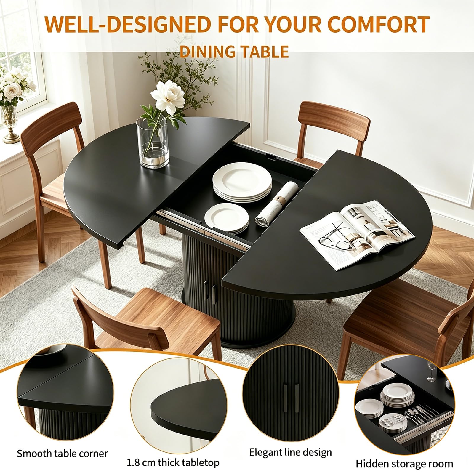 Runder Esstisch 118cm für 4-6 Personen, geriffelter Sockel, Küchen- & Esszimmertisch, platzsparend für kleine Räume, Schwarz