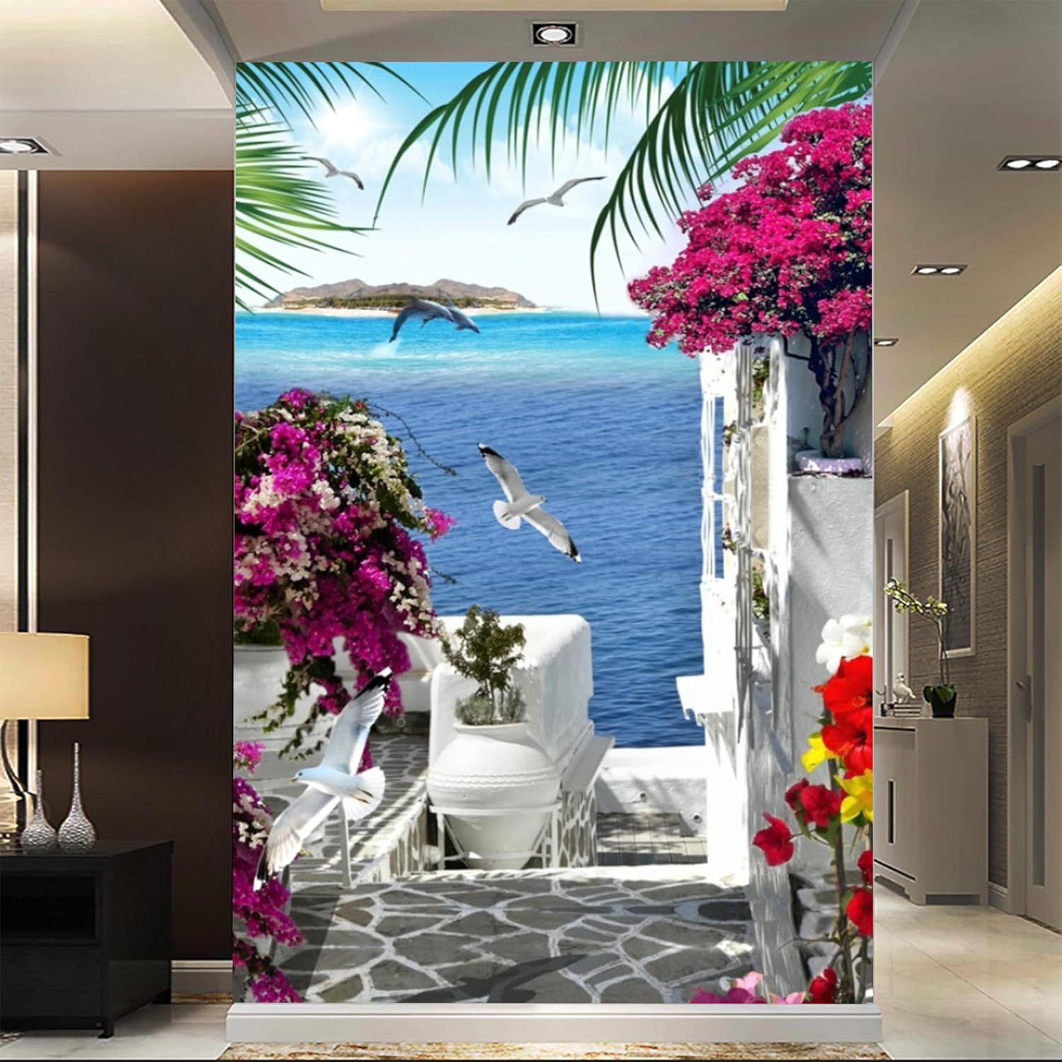 3D Stairway Flowers Seaside - Custom Size Wall Murals Self-Adhesive Removable Large Photo Wallpaper for Living Room, Bedroom, Bathroom, Office, Dining Room, Children's Room