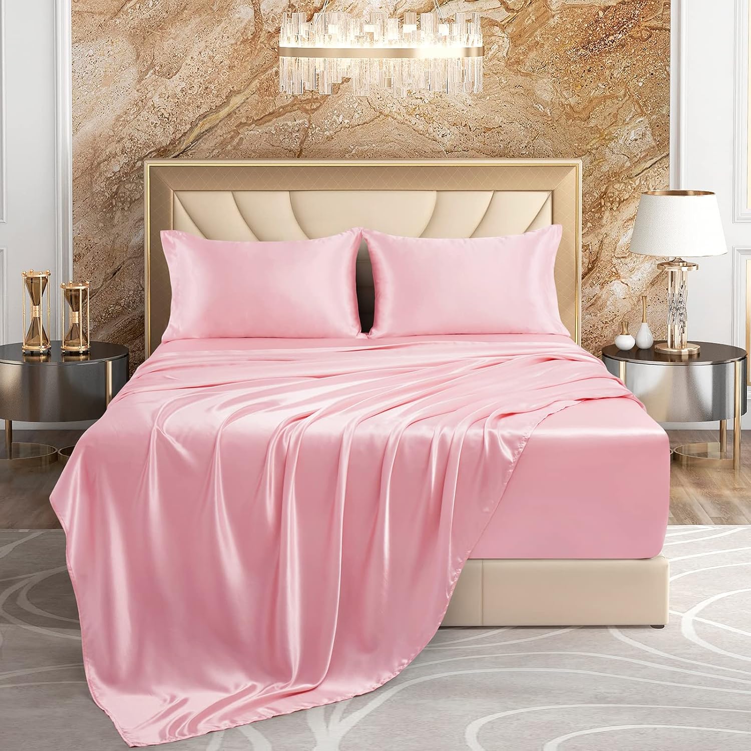 VACVELT 4pcs Extra Deep Pocket Satin Sheets Full Size Bed Set, Pink Satin Sheet Set Fit 18-24 Inch Deep Pocket Mattress, Silky & Luxury Satin Bedding Set Soft & Ultra Deep Fitted Sheet Set