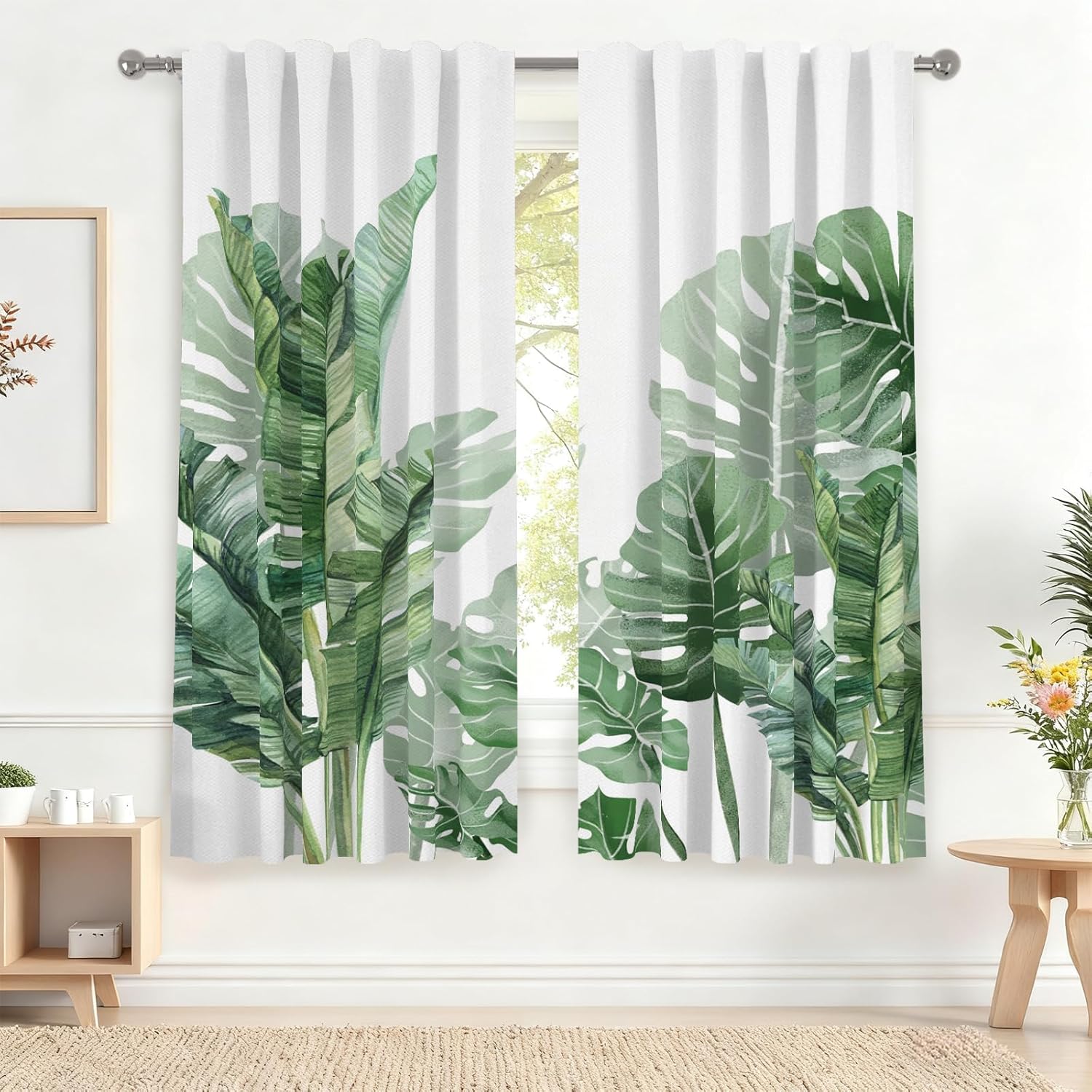 Renaiss 53 x 63 Inch Tropical Palm Leaves Curtains for Living Room Bedroom Banana Plant Nature Summer Hawaii Beach House Decorative Curtains Thermal Blackout Window Treatment Drapes Back Tab 2 Panels