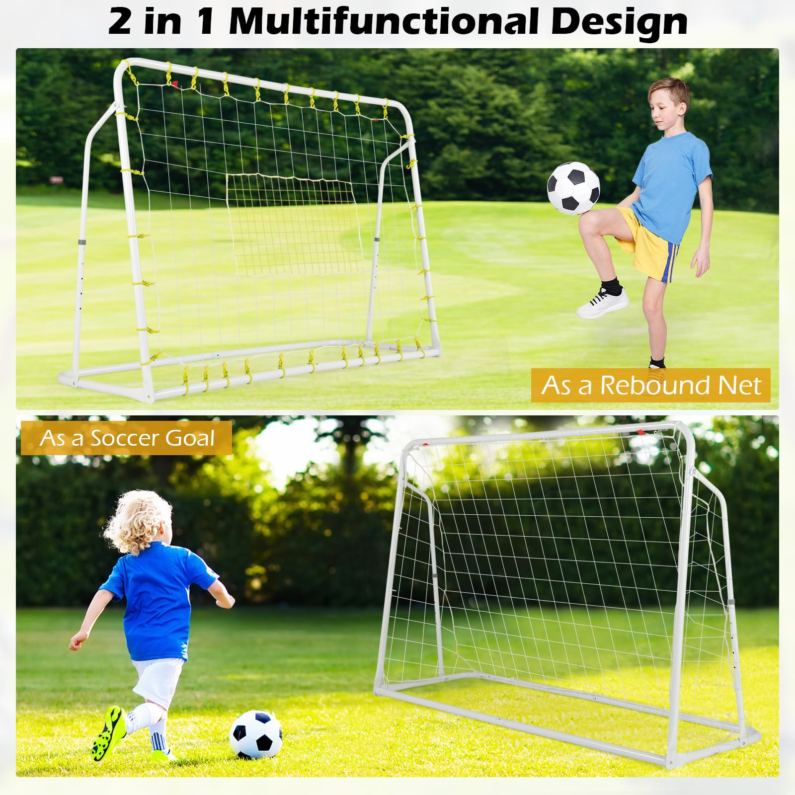 Esta Red de Rebote de fútbol 2 en 1, de 1,8 m x 1,2 m, es un Equipo de Entrenamiento de fútbol con 5 ángulos Ajustables y área Auxiliar de Tiro. Es una portería de fútbol para el entrenamien