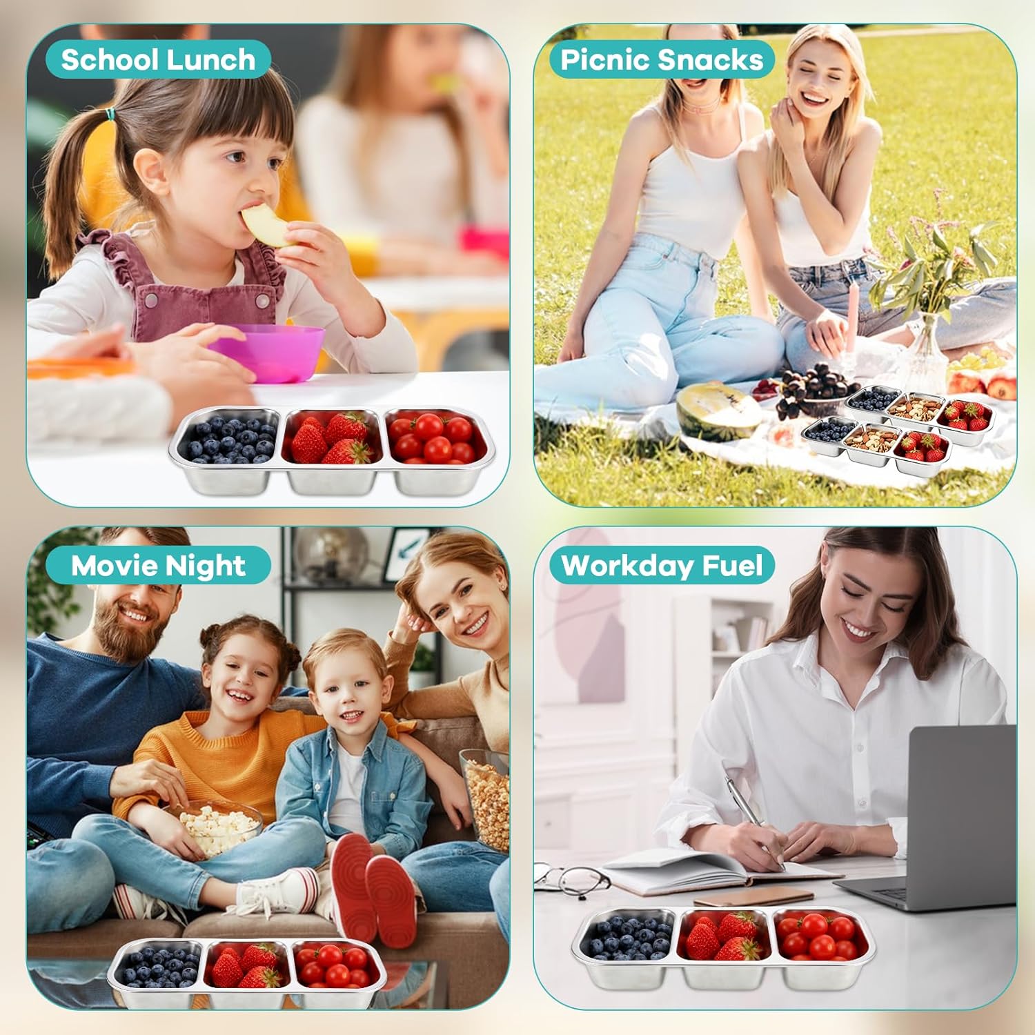 3 Pack Snackle Boxes Container - 304 Stainless Steel - Stackable 3 Compartment Divided Leek Proof Metal Bento Lunch Box Snack Containers with Lids, Food Storage Containers for Work, Home, Travel - Image 7