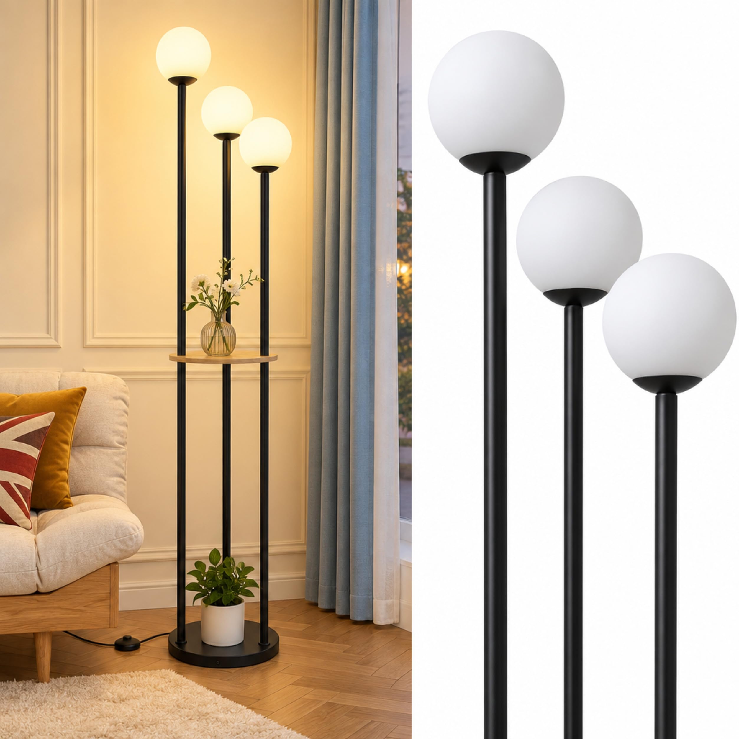Fiqevs 3 Globe Mid Century Modern Floor Lamp with Shelves for Living Room