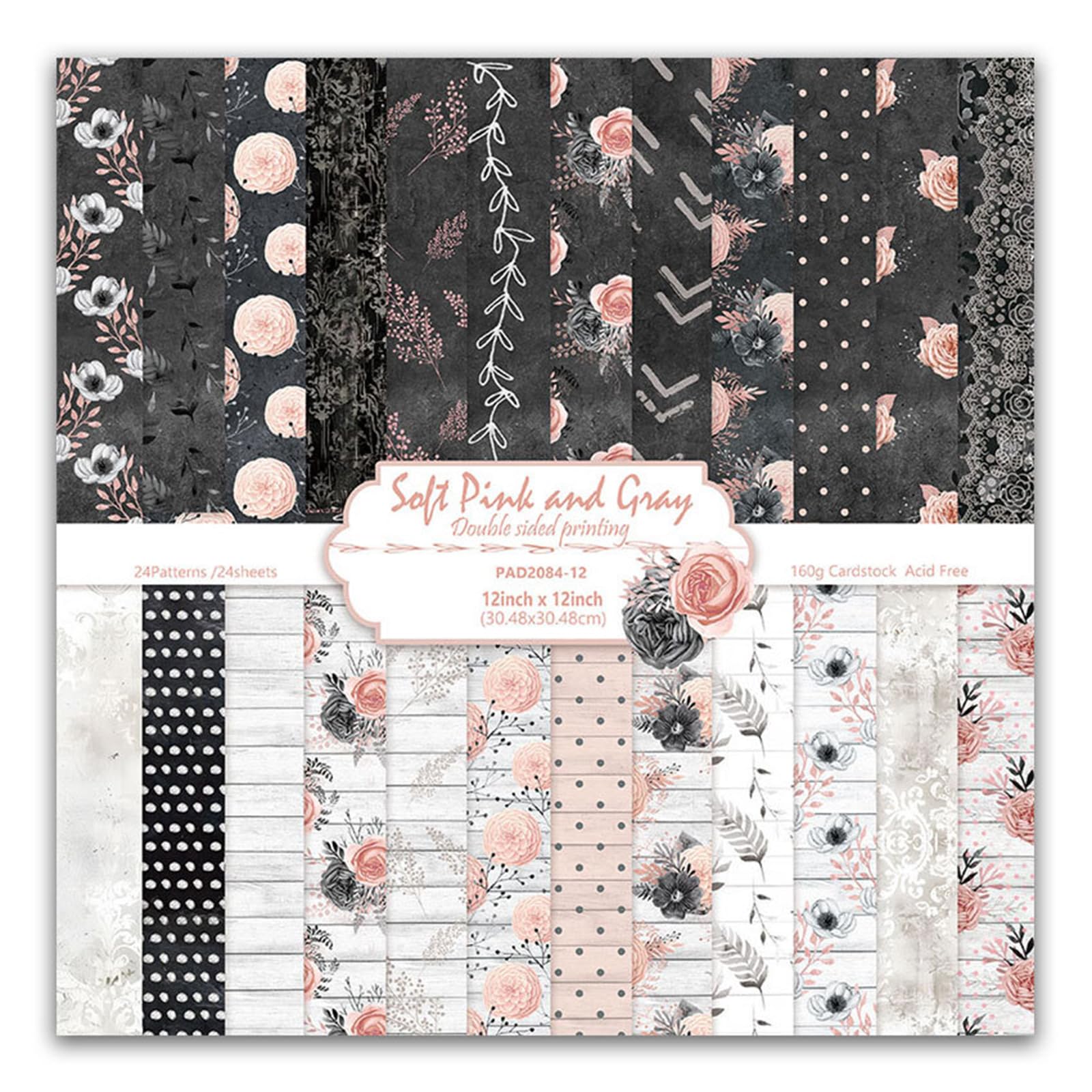 MerwDeeyt 24 Sheets Vintage Scrapbook Paper 12x12 Inch Double-Sided Decoupage Papers Floral Pattern Decorative Paper Scrapbooking Papers for DIY Card Making Wrap Decoration-Black