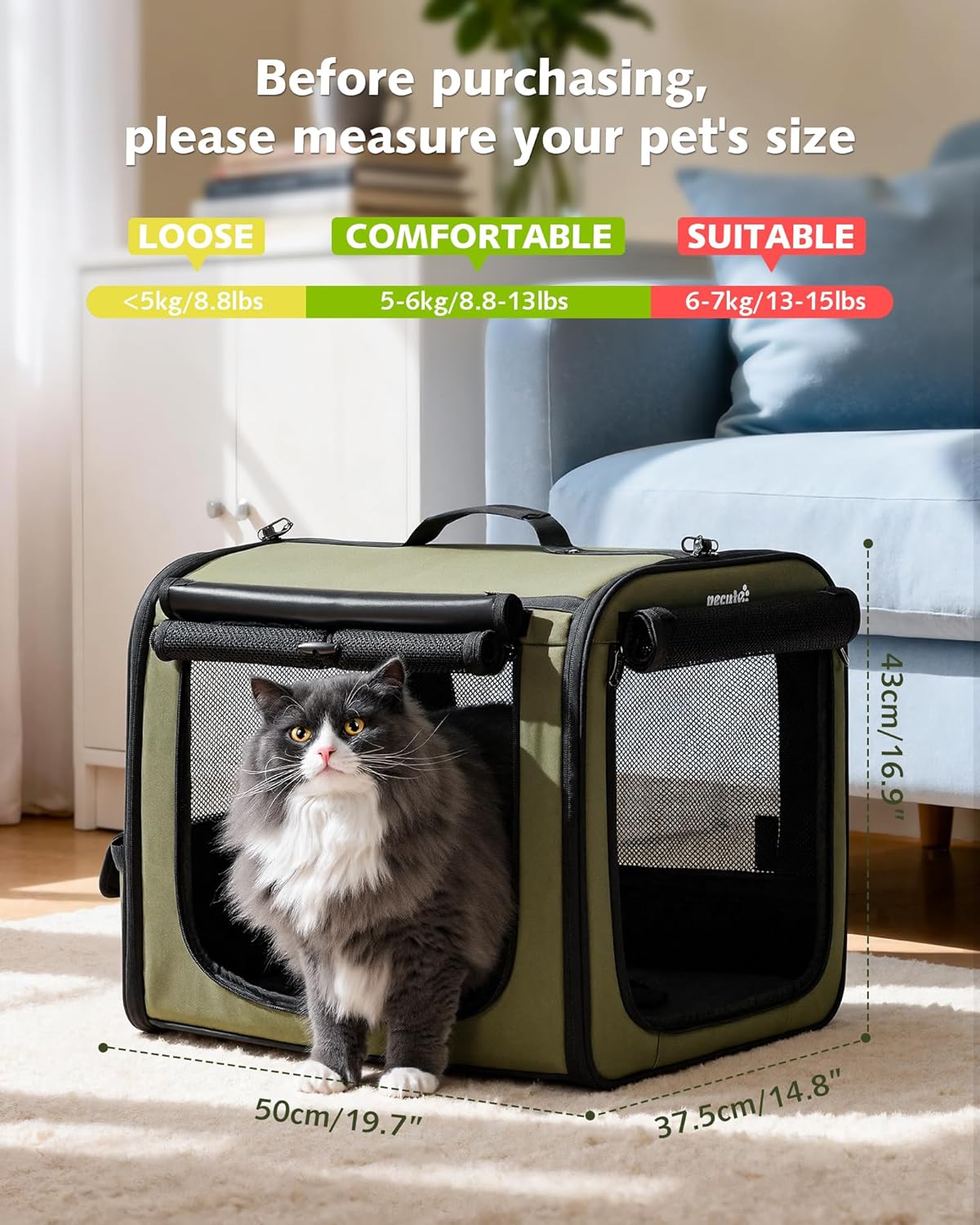 Pecute Dog Car Carrier Light Weight 19.7×16.9×14.8in, Dog Carrier Easy to Assemble, Dog Car Crate Portable and Breathable,Pet Carrier for Indoor and Outdoor, Dog Travel Crate with Curtain Green
