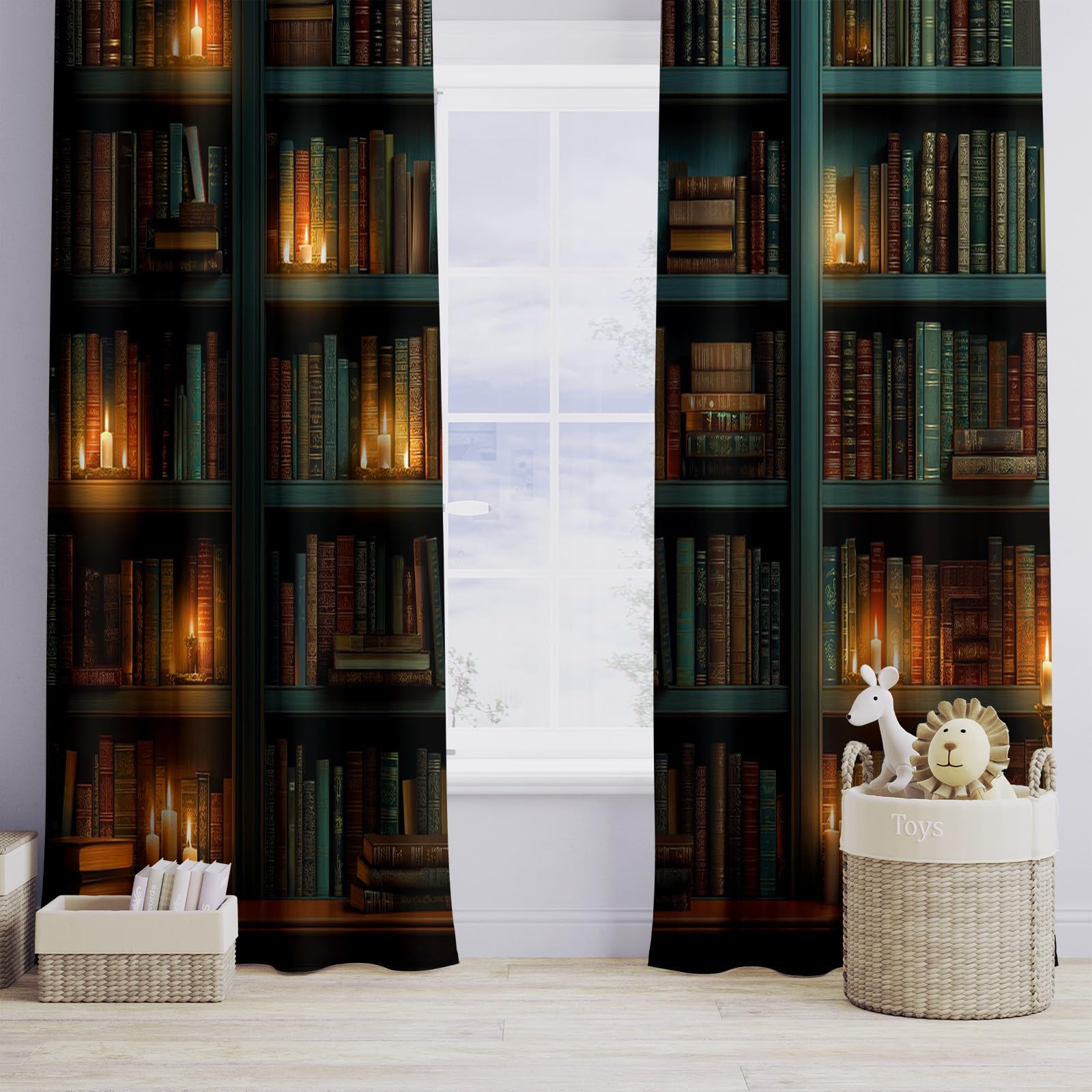 Kinderzimmer Vorhänge Bücherregal Bücher Verdunkelungsvorhang Blickdicht mit Ösen, Schwarz Kerzen Holz Wissen Gardinen - für Jungen & Mädchen 140 x 245 cm (2er Set)