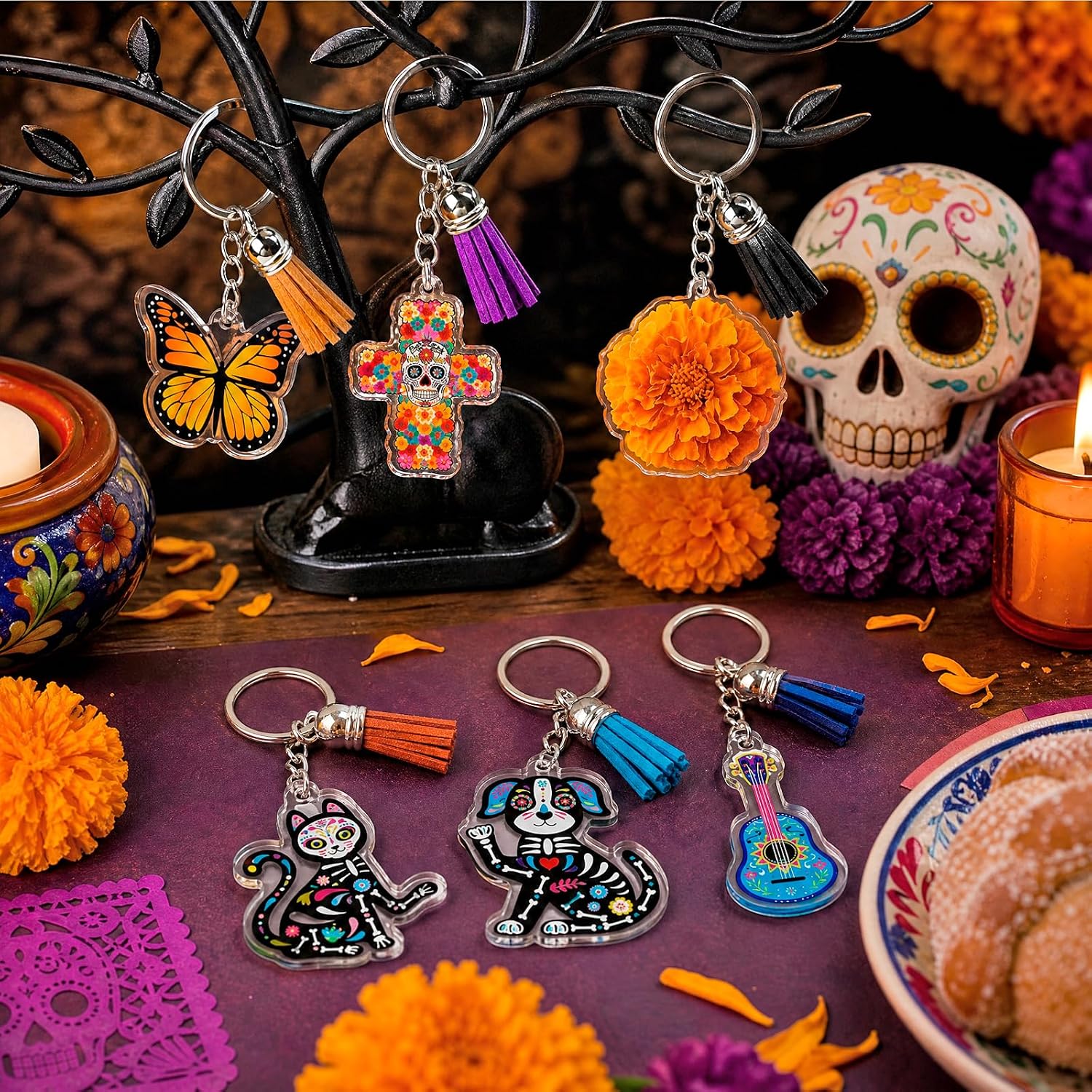 HOWAF Day of the Dead Acrylic Keychain Set - 12pcs Dia de Los Muertos Keychains with Colorful Tassels, Colorful Sugar Skull Keyrings for Mexican Themed Party Gifts Bag Backpack Charms for Men Women image 5