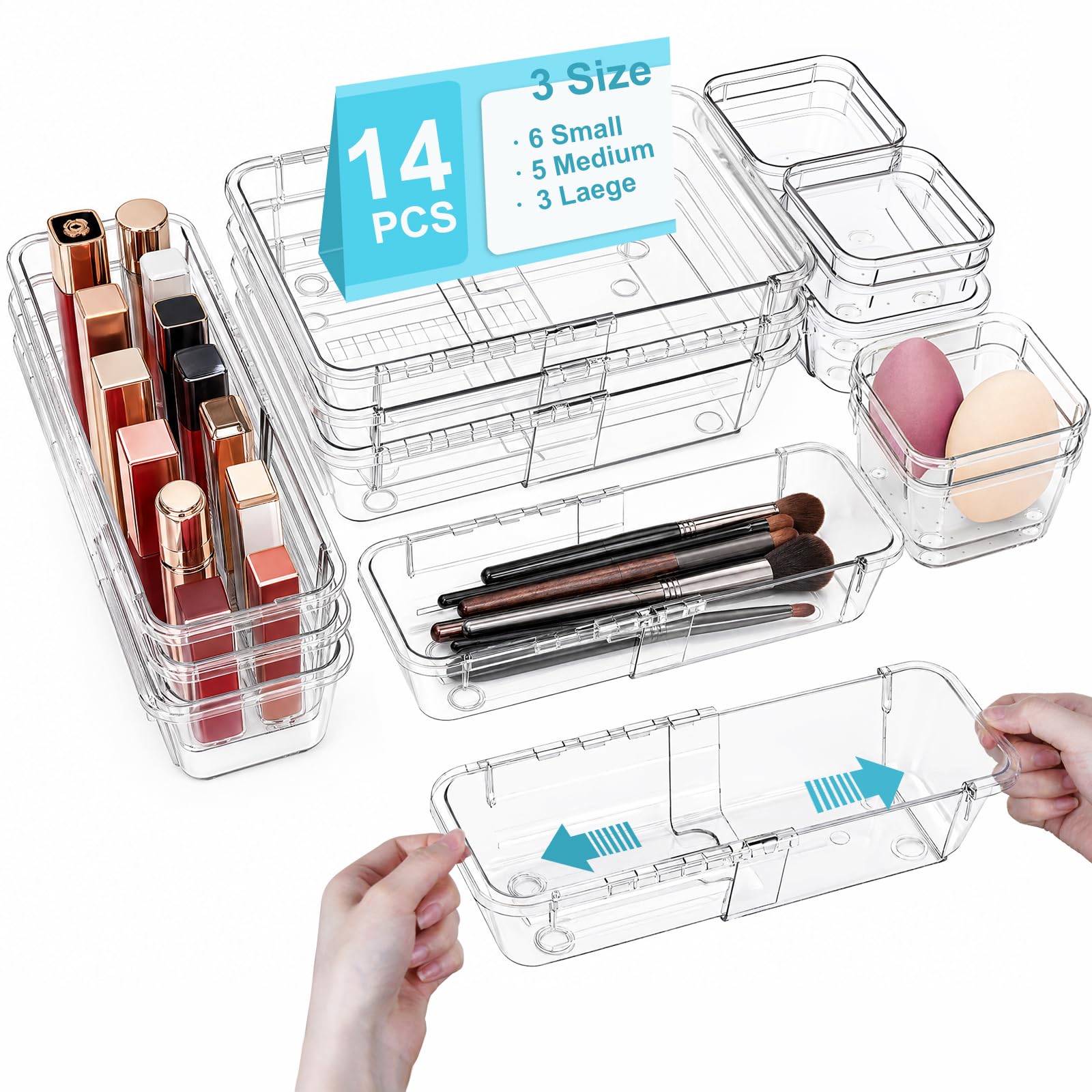 YTOPRO 14 Pack Clear Extendable Makeup Drawer Organizer Trays, 3 Size