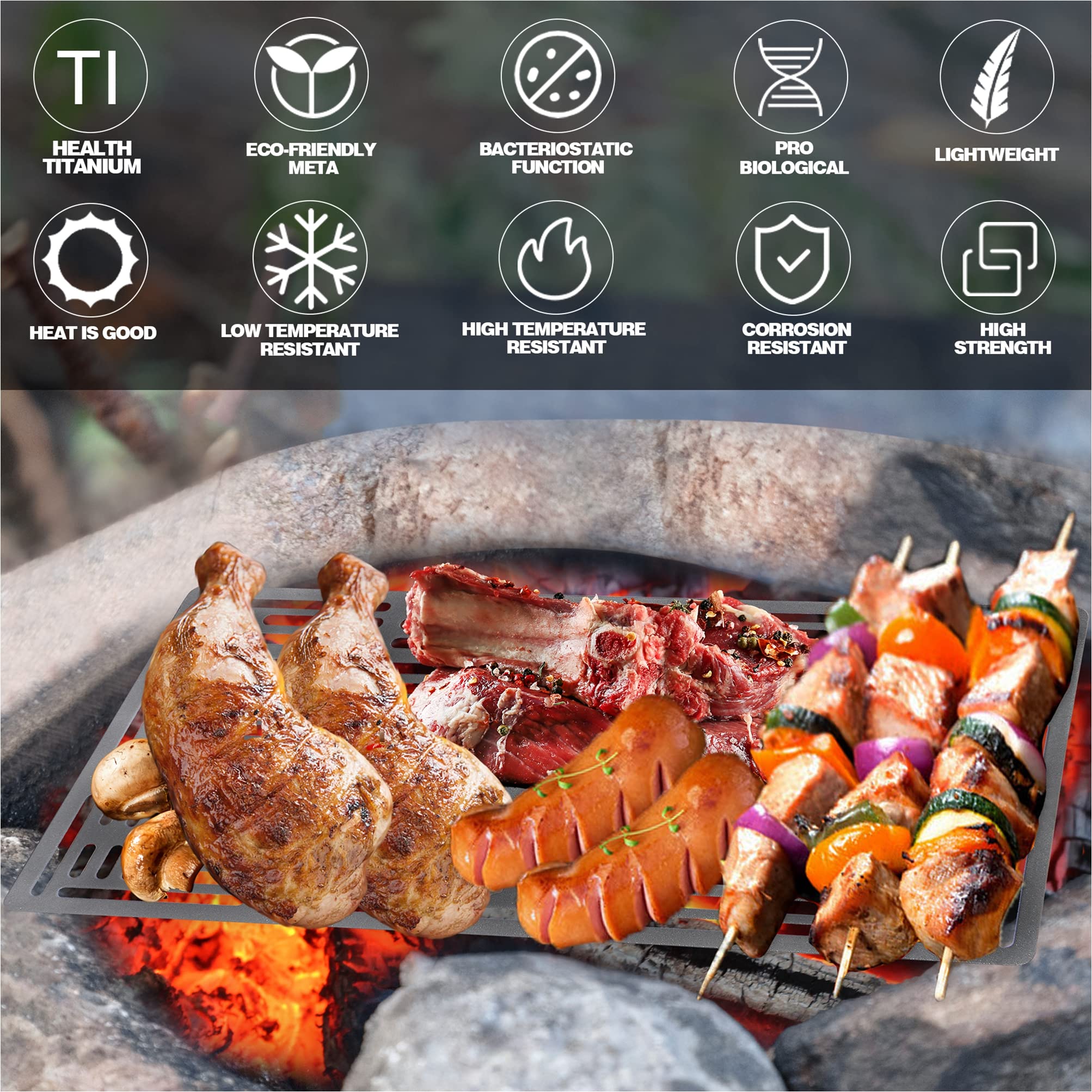 TITECOUGO Bushcraft Titanium Cast Mesh Over Fire Pit Grates Camp Campfire Grills Rack for Backpacker Part Utensils Sets with Bag Camping Cooking Hiking Portable Grill