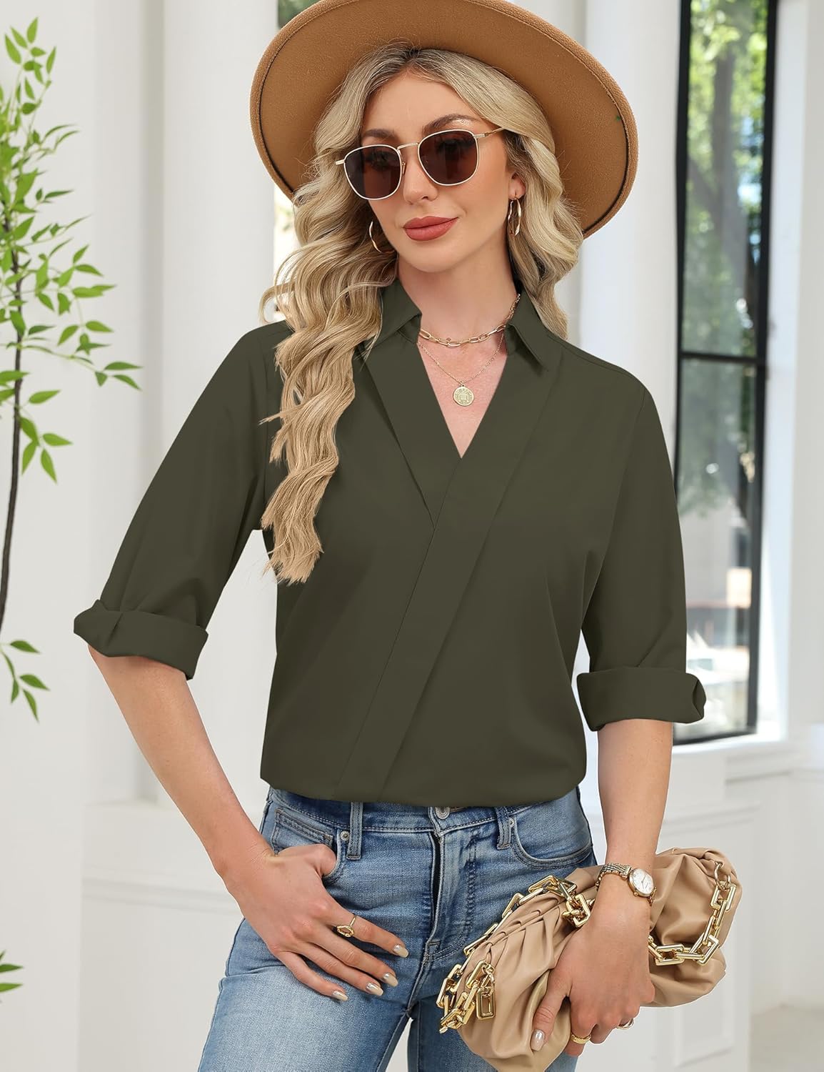 LOMON 3/4 Length Sleeve Womens Tops Dressy V Neck Collared Shirts Trendy Business Casual Work Blouses Vacation Outfits 2026 - Image 3