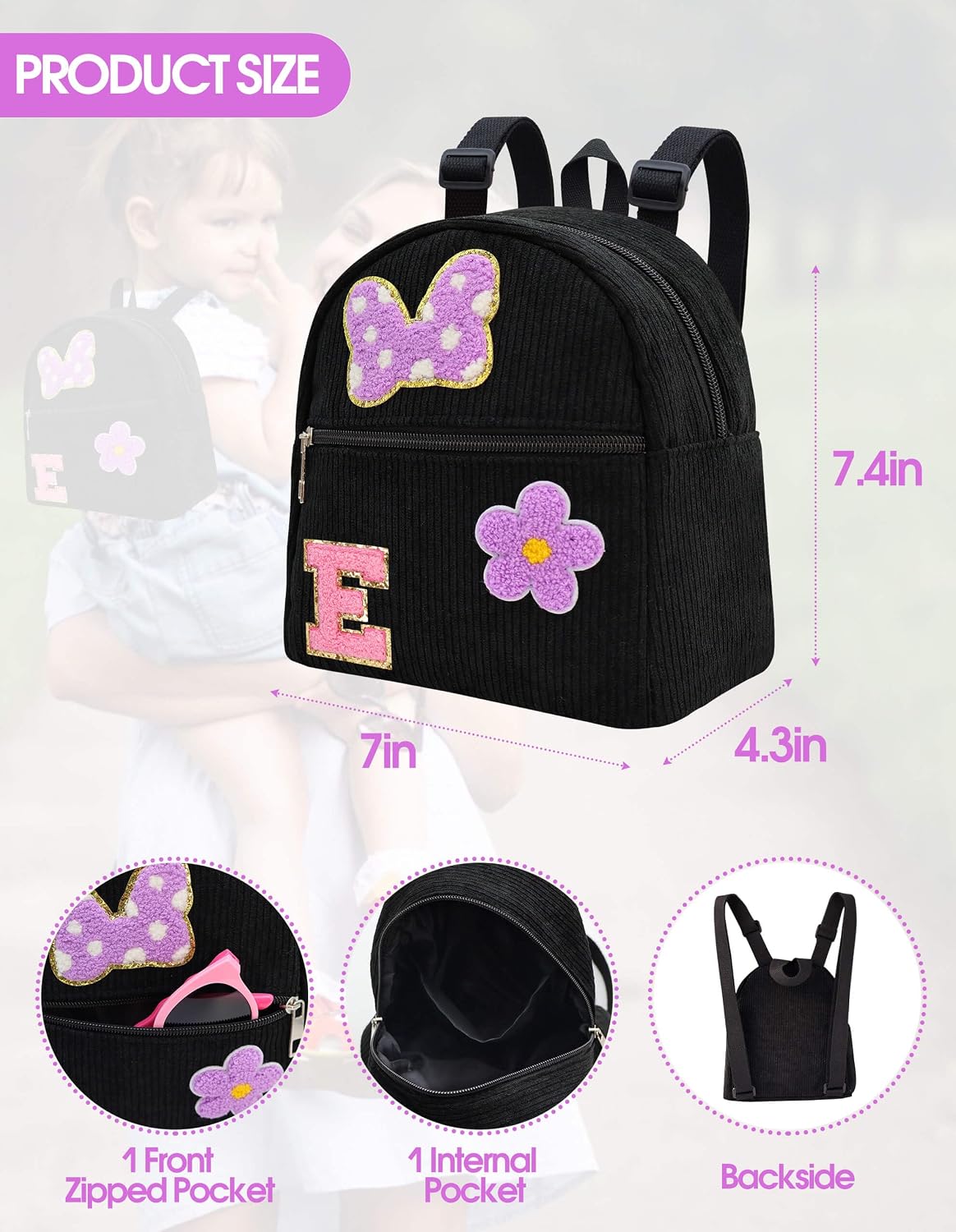 2 3 4 5 6 Year Old Girl Gifts Chenille Initial Mouse Bow Mini Backpack, Corduroy Toddler Backpacks Christmas Birthday Gifts for Girls 2-4 5-6, Black Mini Diaper Bag Must Haves for Park Travel Letter E